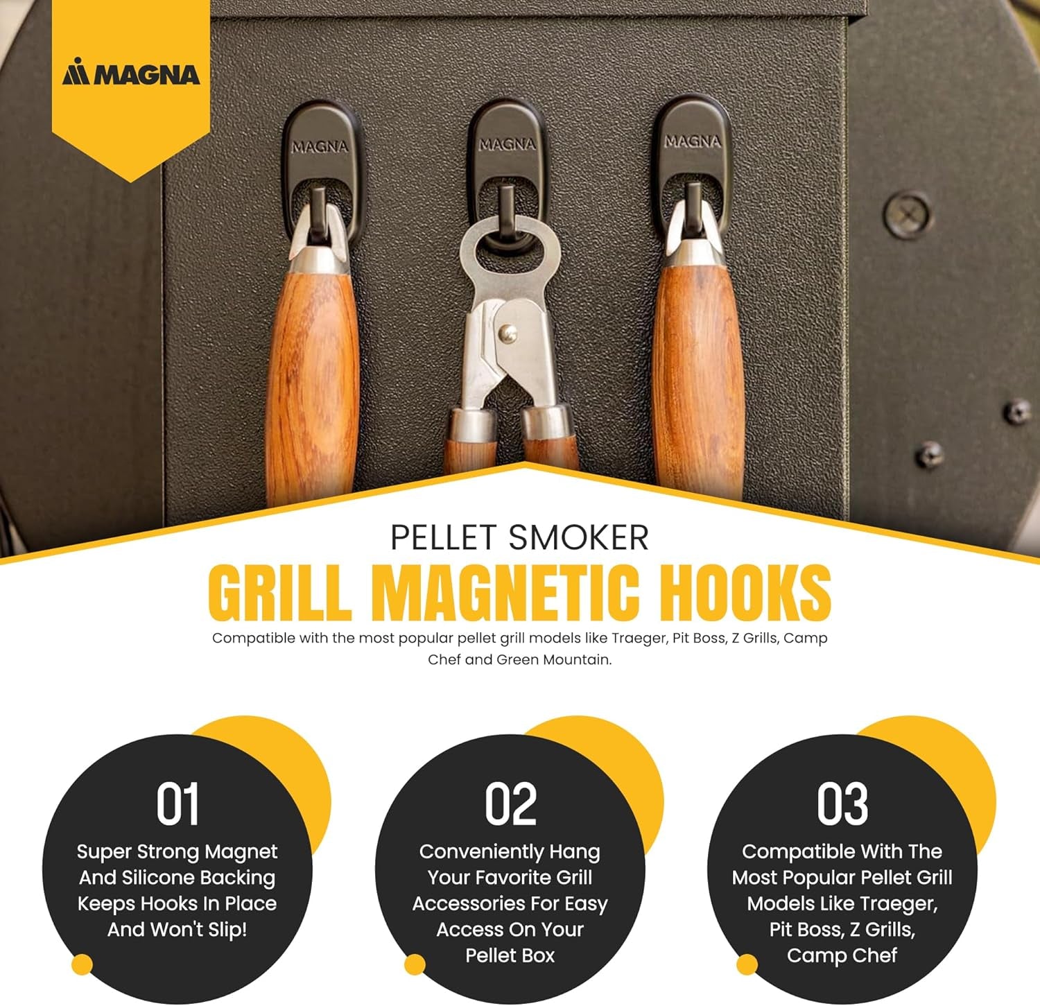 Pellet Smoker Grill Magnetic Hooks 3 Pack - Use to Hang Your Grilling Utensils and Accessories - Compatible with Pellet Grill Smokers like Traeger. Pit Boss. Z Grills. Camp Chef - Image 2