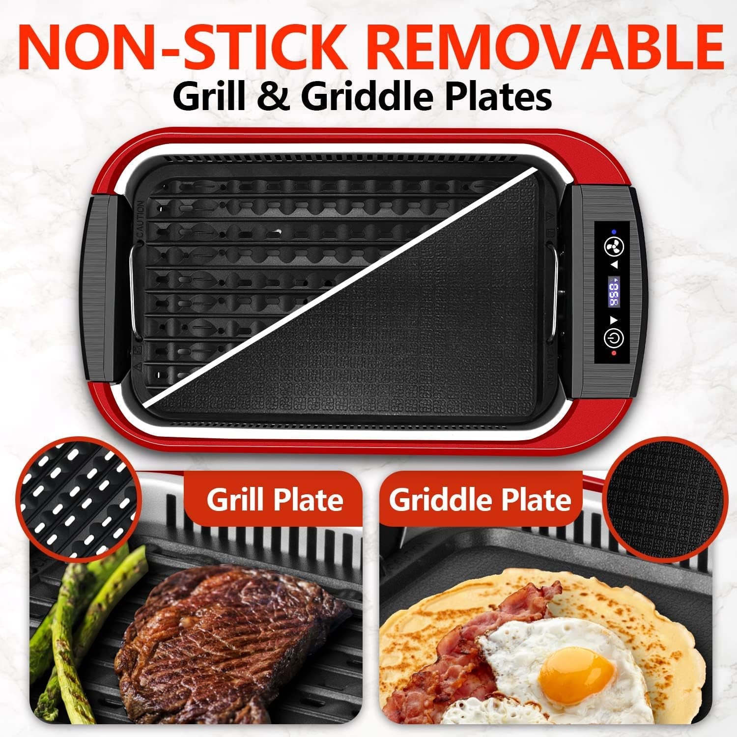 Indoor Grill. CUSIMAX Smokeless Grill Indoor. Electric Grill Griddle. 1500W Korean BBQ Grill with LED Smart Display & Tempered Glass Lid. Non-Stick Removable Grill Plate & Griddle Plate. Red - Image 2