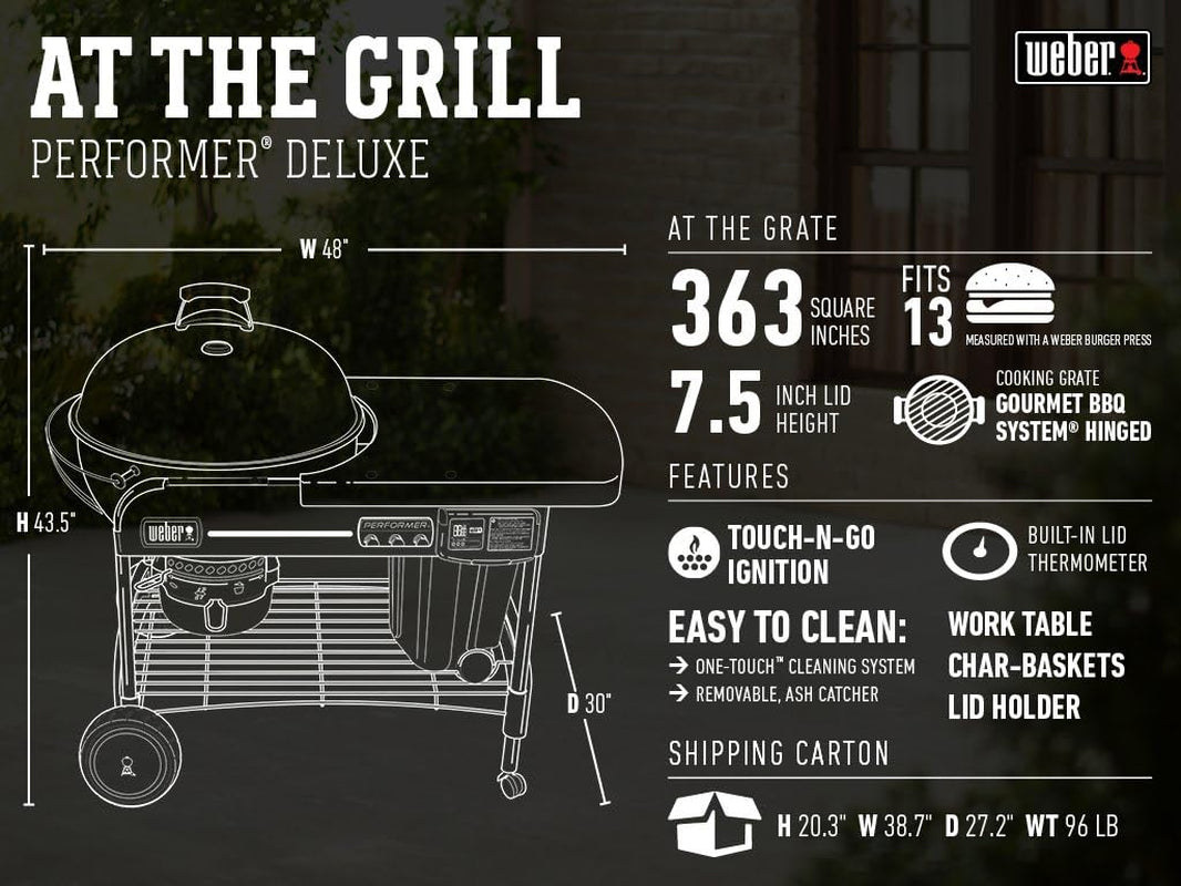 Weber Performer Deluxe Charcoal Grill. 22-Inch. Touch-N-Go Gas Ignition System. Black - Image 3