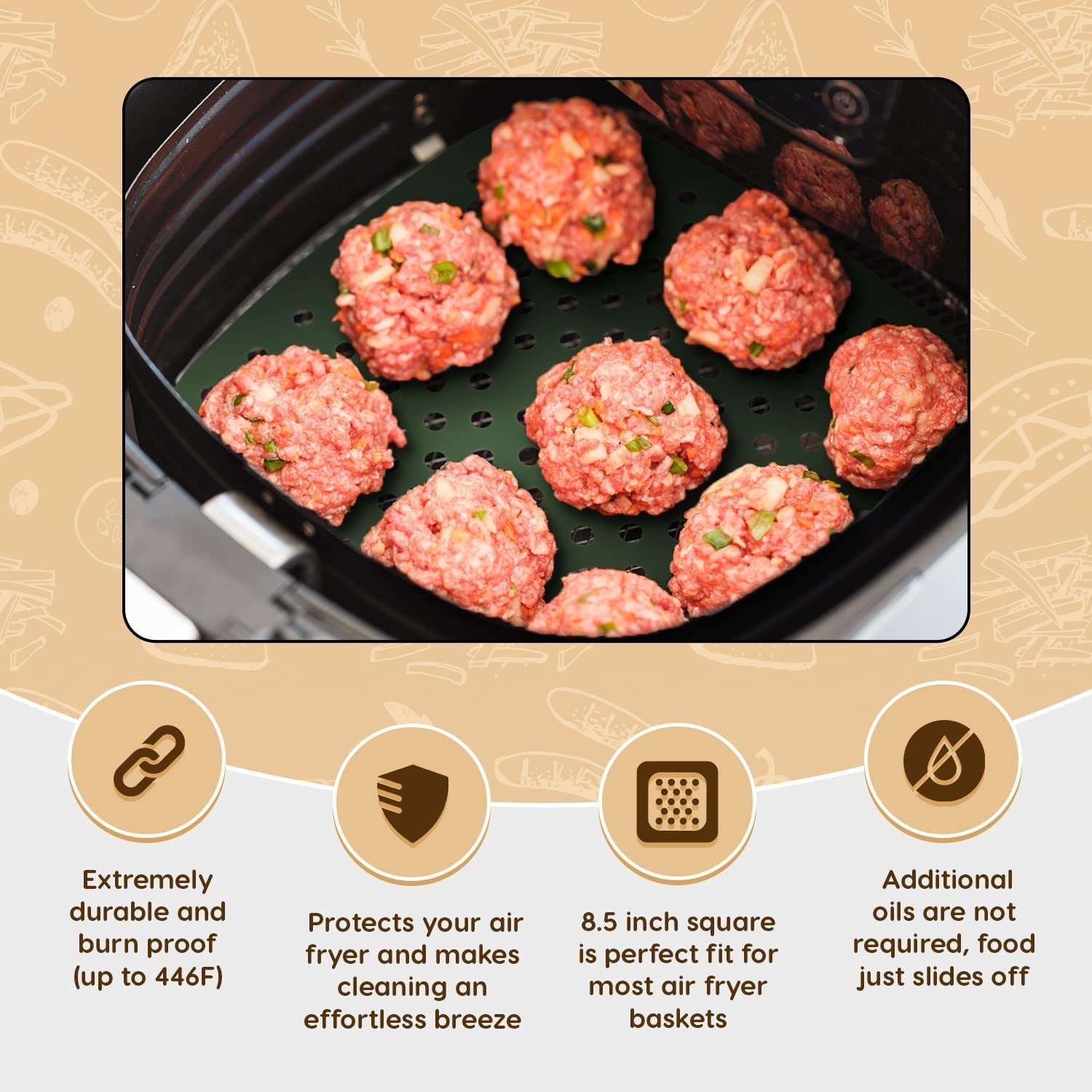Reusable Square Silicone Air Fryer Liners (8.5 Inch. 3 Pack) by Linda'S Essentials - Non-Stick. Easy-Clean Accessories with Cheat Sheet & Recipe Book. Perfect for Quick Meals - Image 5