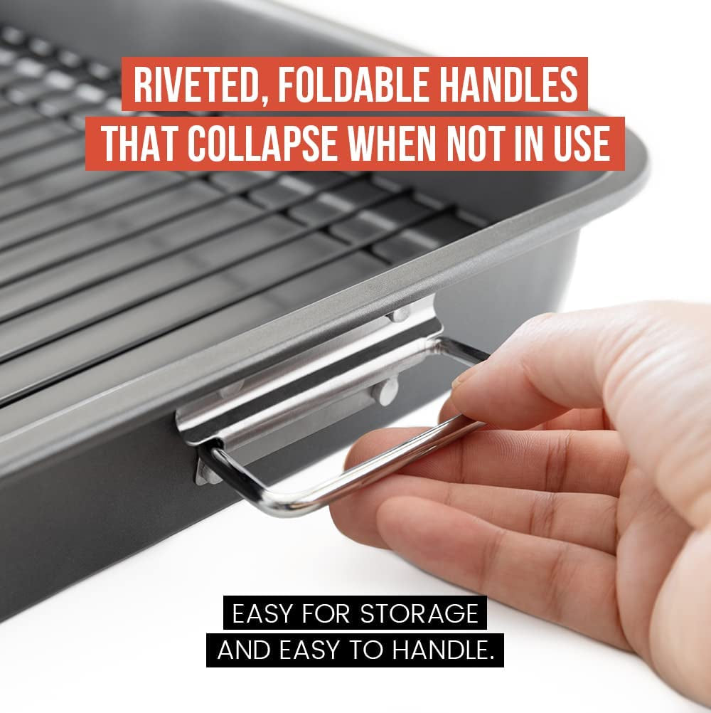 Chef Pomodoro Nonstick Carbon Steel Large Roasting Pan with Rack.Turkey Roasting Pan. Roaster Pan for Oven. Turkey Roaster Pan. Roaster Bakeware Grey - Image 4