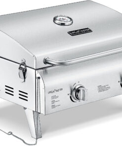 Portable Grill – Table Top Stainless Steel Propane Gas BBQ for Camping and Outdoor – 2 Burners –20.000 BTU Power - Folding Legs – Wind Proof Lid – Easy Clean – Silver - by