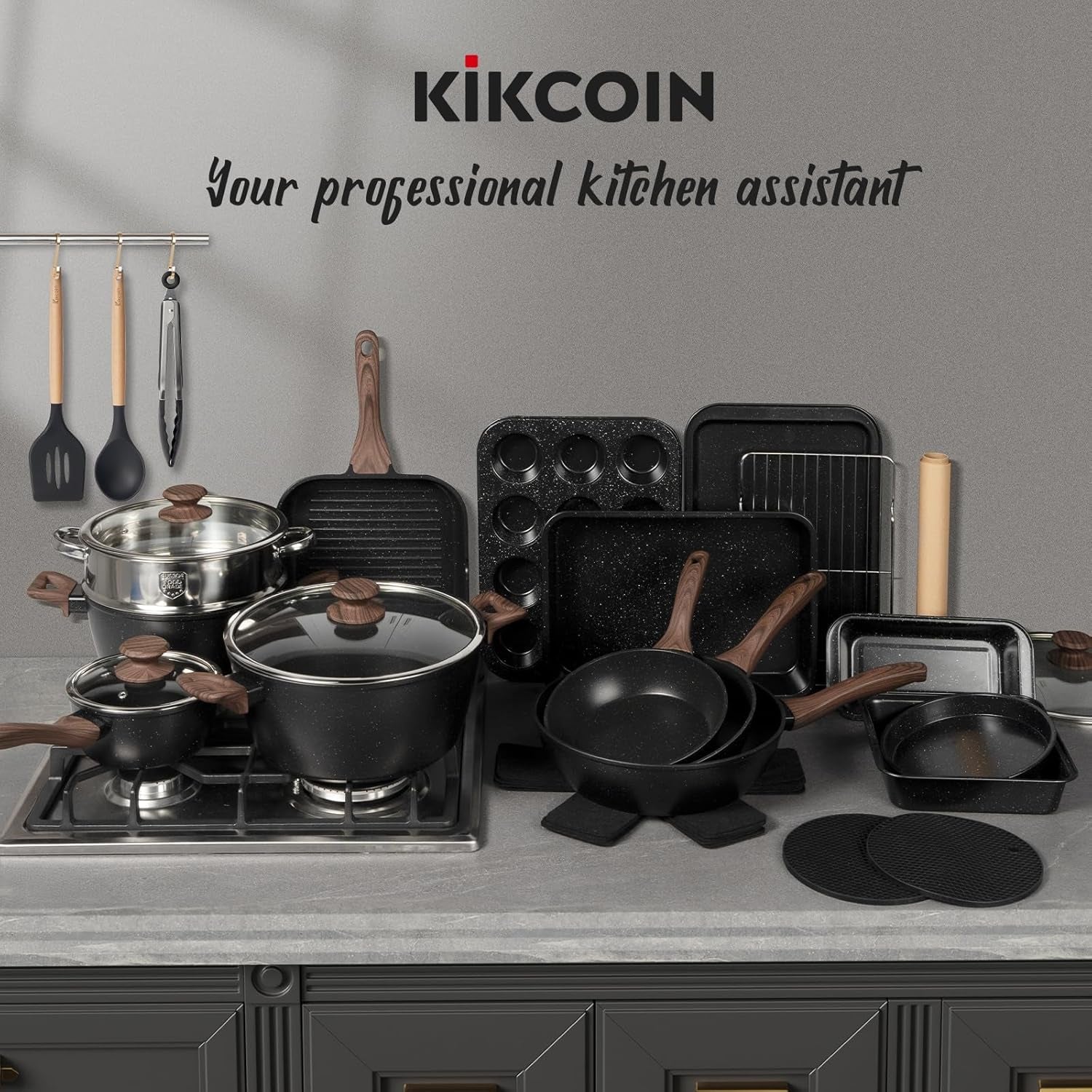 Kikcoin Pots and Pans Set Non Stick 31 Piece Kitchen Nonstick Cooking Cookware Sets with Grill Pan Saucepan Baking Sheet Utensil - Image 7