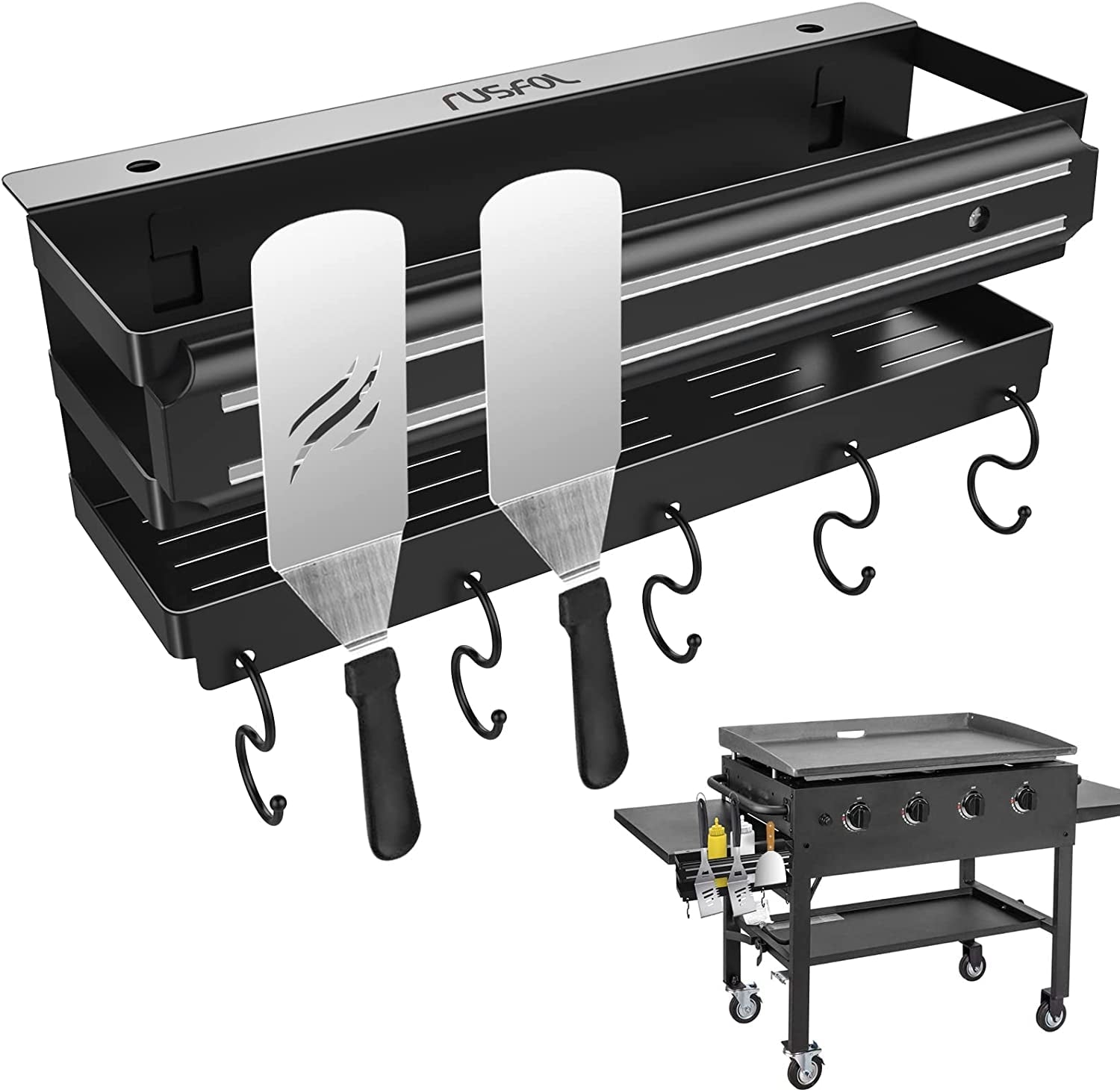 Stainless Steel Griddle Caddy with Magnetic BBQ Utensils Strip for 28/36 Blackstone Griddles. with a Allen Key. Space Saving BBQ Accessories Storage Box. Free from Drill Hole&Easy to Install