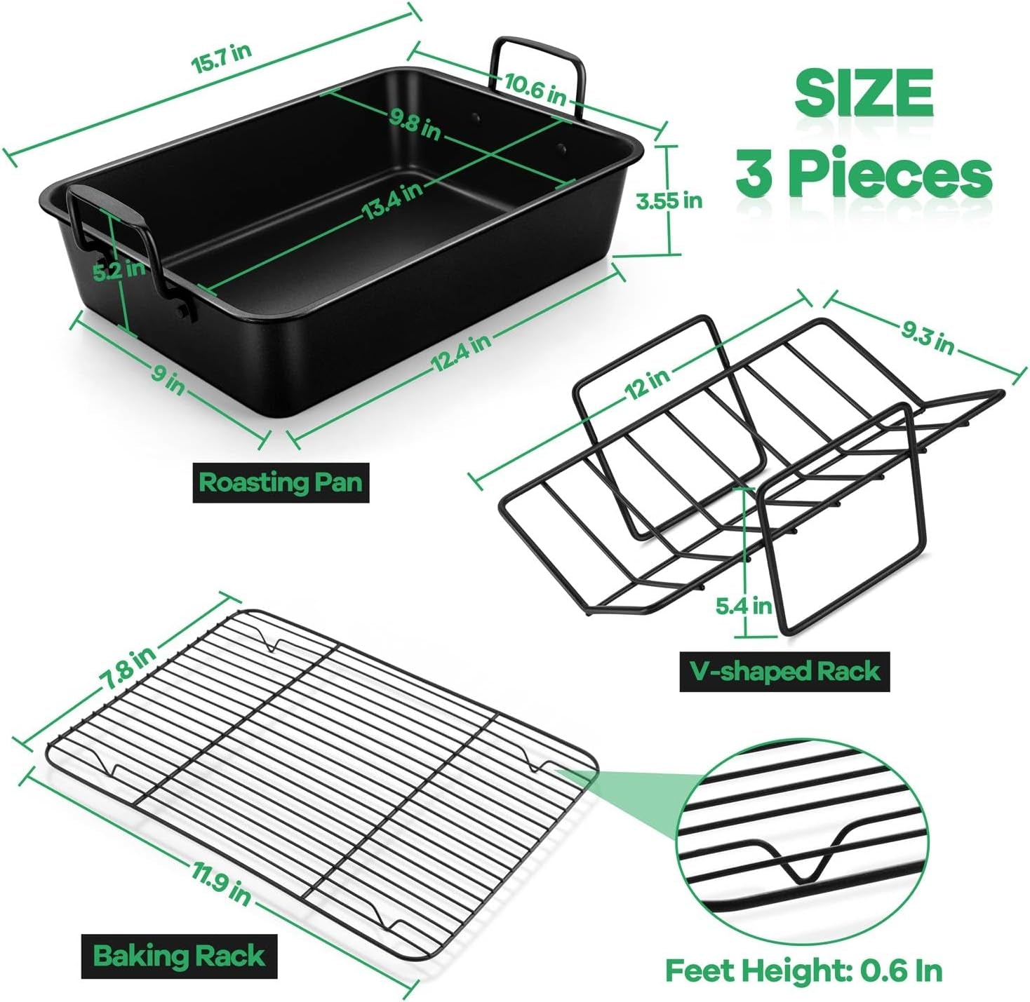 14 Inch Roasting Pan with Rack Set. P&P CHEF Turkey Roaster Pan & V-Shape Baking Rack & Cooling Rack for Chicken Vegetable Lasagna Cookie. Nonstick Coating & Stainless Steel Core. Sturdy & Healthy - Image 2