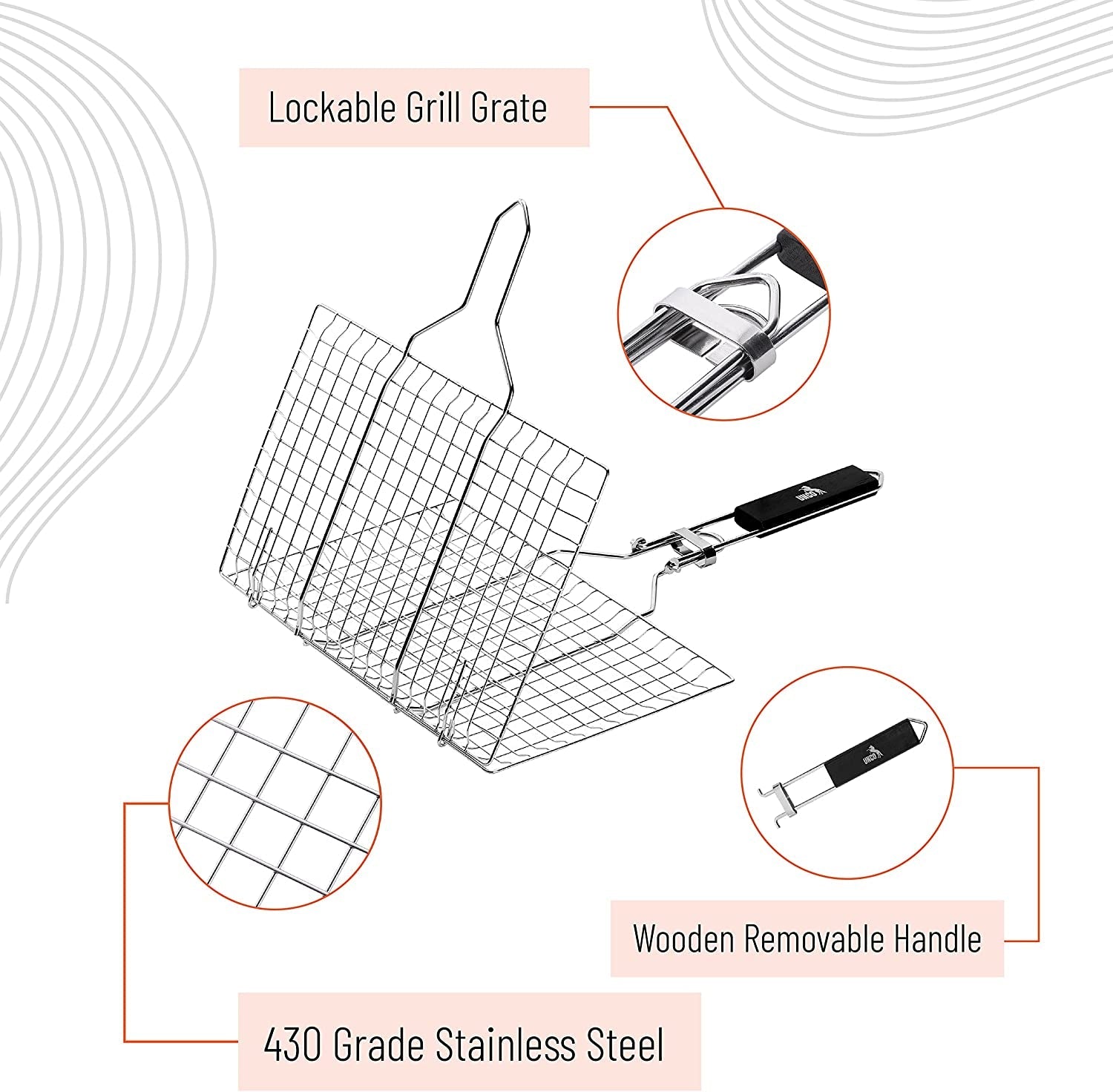 UNCO- Grill Basket. Stainless Steel. Fish Grill Baskets for Outdoor Grill. Vegetable Grill Basket. BBQ Grill Basket. BBQ Basket. Grilling Basket. Fish Basket for Grilling. Grill Accessories. - Image 5