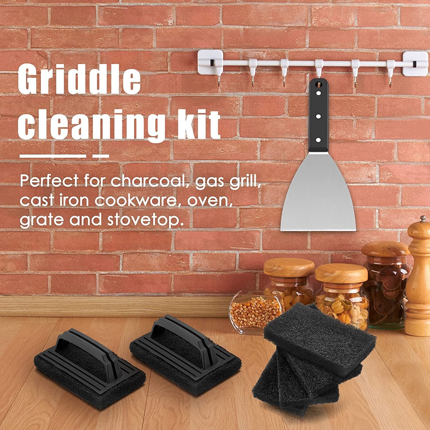 Griddle Cleaning Kit. 7PCS Flat Top Grilling Cleaner Tools Set. Metal Dough Scraper. Cleaning Brush with Handle. Scouring Pads for BBQ Cast Iron Kitchen Cookware Stovetops Hot & Cold Surfaces - Image 7