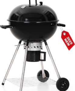 GREEN PARTY 22 Inch Kettle Charcoal BBQ Grill with Wheels. Portable Charcoal Grill with Porcelain-Enameled Lid & Ash Catcher for Outdoor Cooking Barbecue Camping Picnics Tailgating