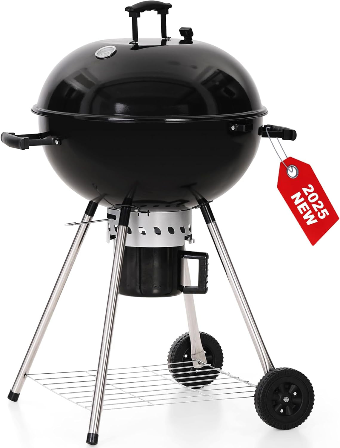 GREEN PARTY 22 Inch Kettle Charcoal BBQ Grill with Wheels. Portable Charcoal Grill with Porcelain-Enameled Lid & Ash Catcher for Outdoor Cooking Barbecue Camping Picnics Tailgating