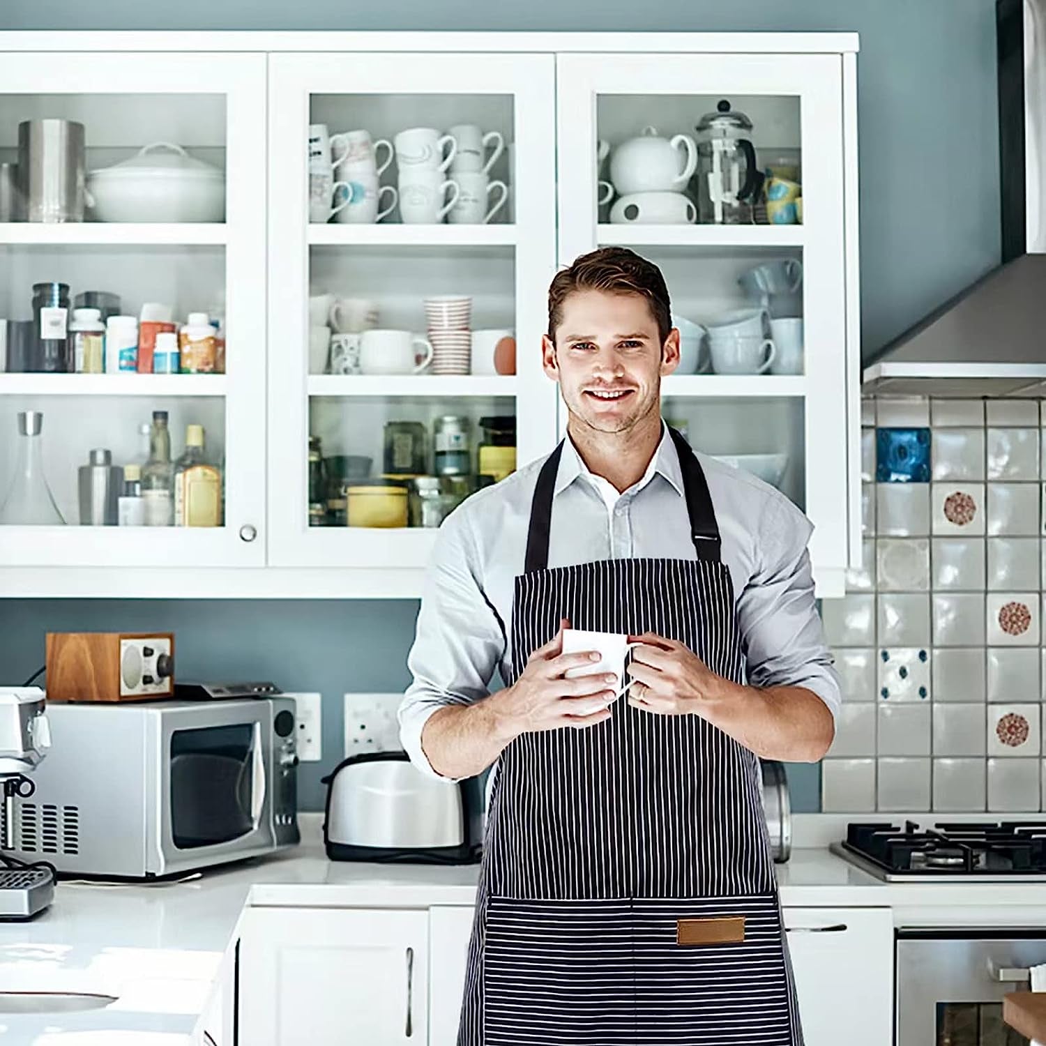 2 Pack Apron. Cotton Cooking Kitchen Aprons. Adjustable Bib Apron with 2 Pockets for Men Women Chef Aprons.(Black/Brown Stripes) - Image 6