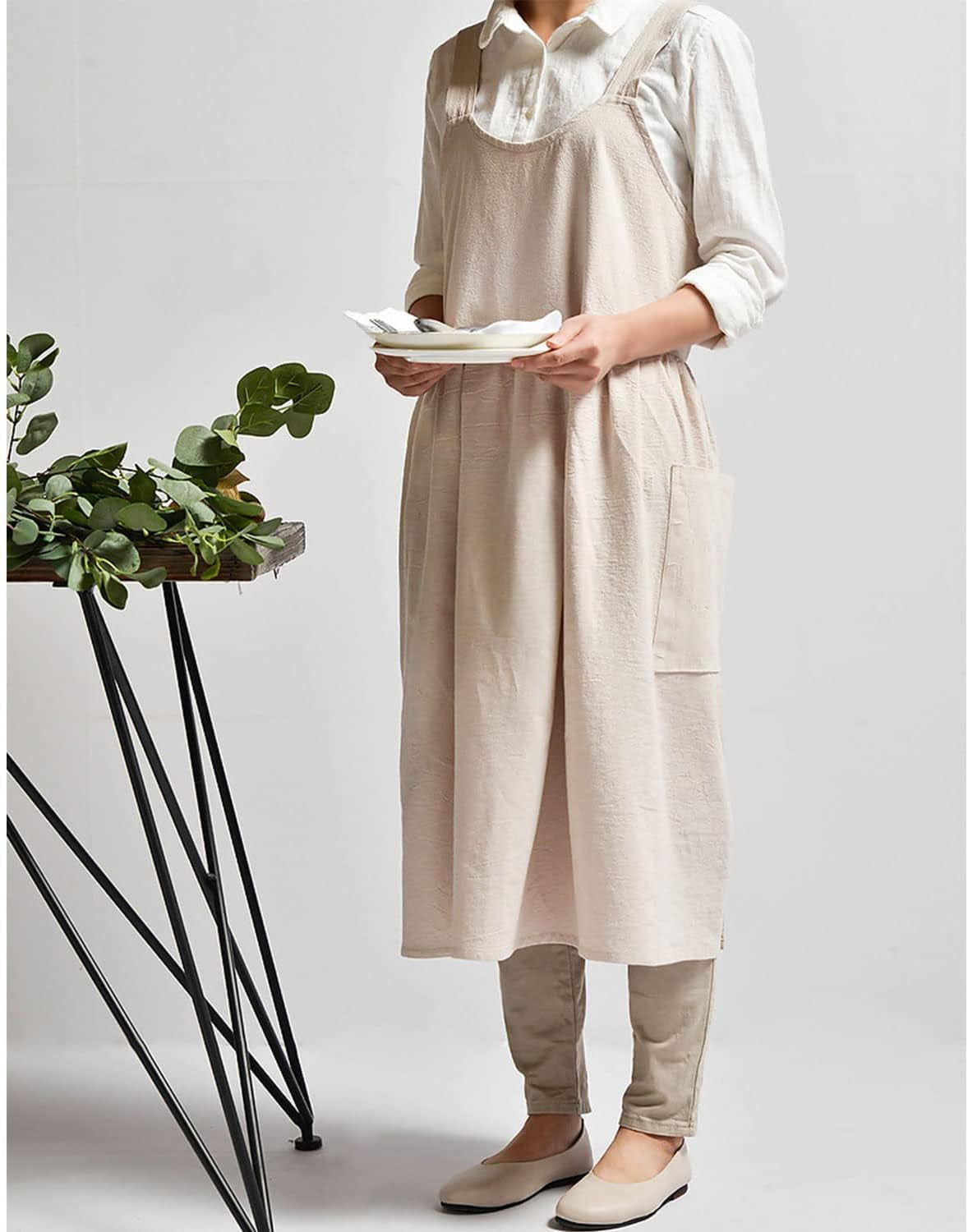 Uaussi Cotton Linen Apron Cross Back Work Apron for Women with Pockets Pinafore Dress X Cross Halter Apron for Chef Gardening - Image 6