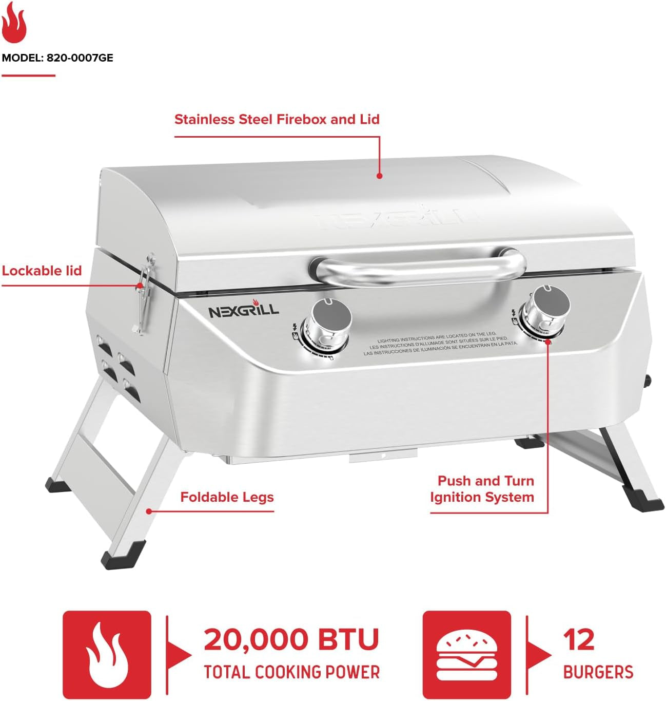Nexgrill Stainless Steel 2-Burner Portable Gas Grill with Locking Lid. Folding Legs. 20.000 Btus. 251 SQ in Cooking Space. Tabletop Grill for Camping. Outdoor Cooking. Patios. and More - 820-0007GE - Image 2