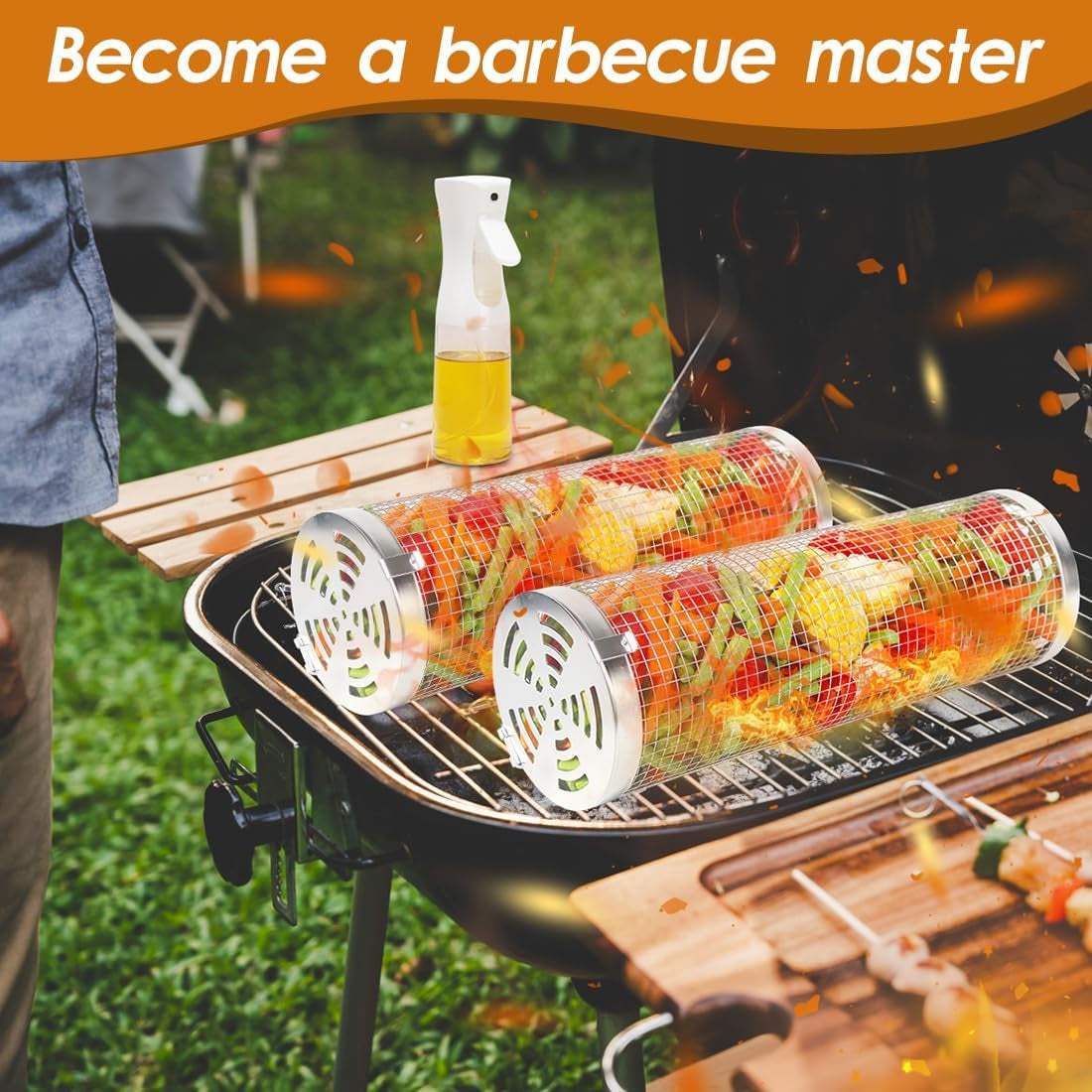 Rolling Grilling Baskets 2 PCS. Stainless Steel BBQ Net Tube Baskets with Oil Sprayer BBQ Accessories Tools for Vegetable Fish Meat Food Camping. Gifts for Men Dad and Husband - Image 4