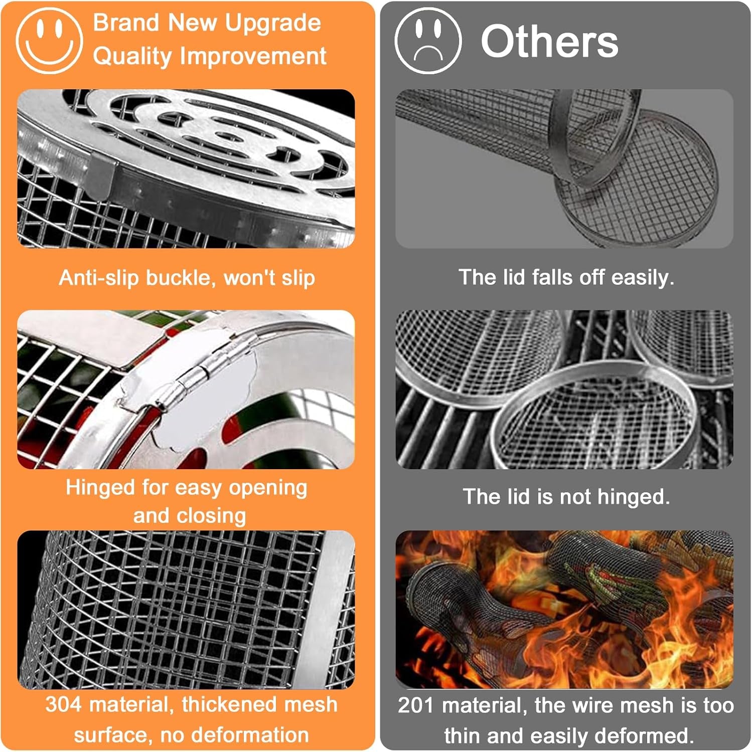 Rolling Grilling Baskets for Outdoor Grill 2 Pcs.Removable Wooden Handle.Perfect Gifts for Men Dad Husband.Portable Camping Nesting Grill Baskets for Fish. Shrimp. Meat. Vegetables - Image 5