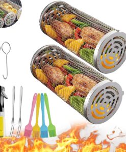Wrakus Rolling Grilling Baskets for Outdoor - Grill Grate Charcoal round BBQ Stainless Steel Basket Campfire Grid Camping Picnic Cookware 1 (2PCS 300 * 90 90Mm)