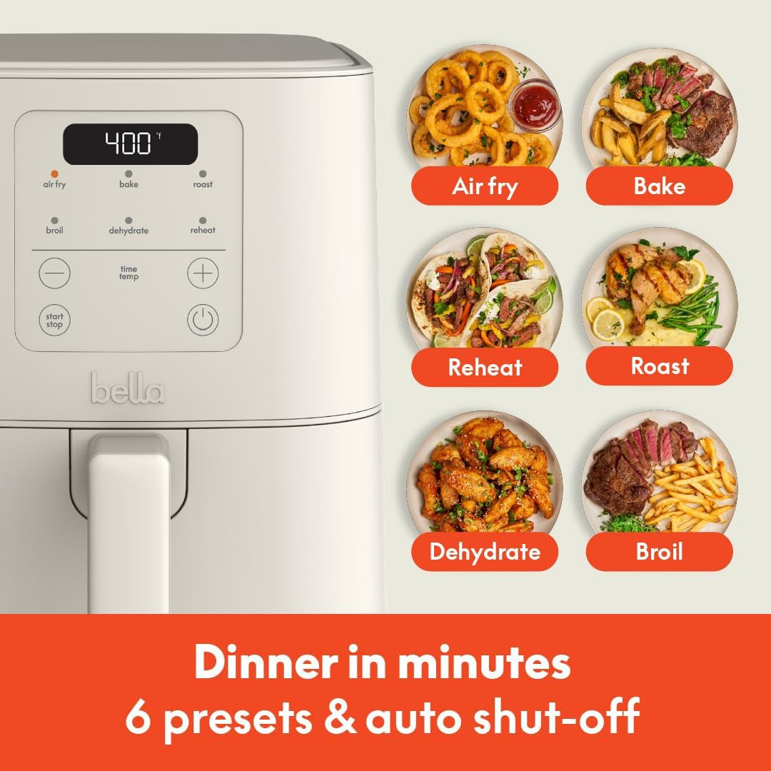 Bella 4Qt Slim Air Fryer. Fits-Anywhere™ Kitchenware. Evergood™ Ceramic Nonstick Coating. Adjustable Temperature. 6 Preset Cooking Options. 60 Min Auto Shutoff W Audible Tone. 3.3Lb Capacity. Oatmilk - Image 5