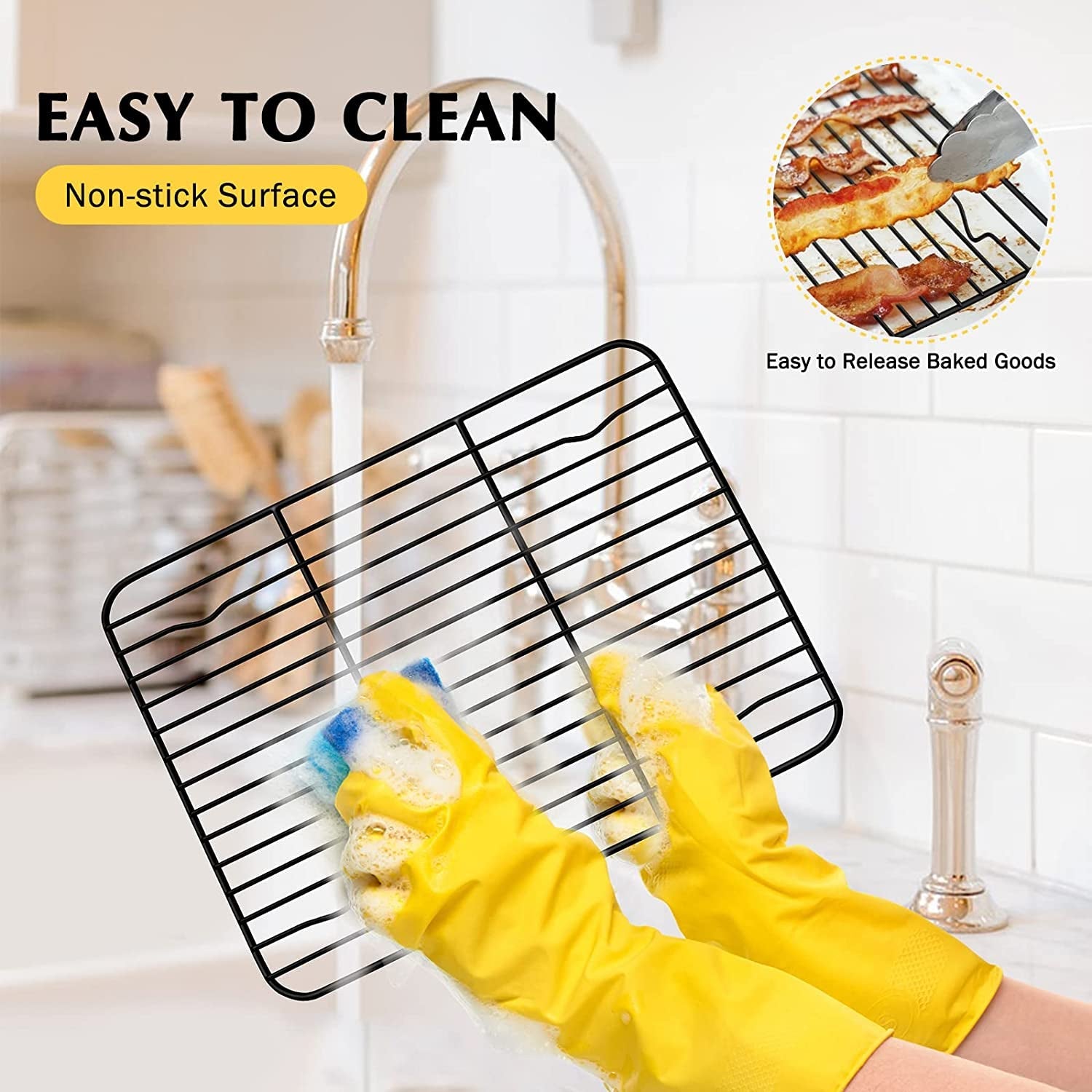 Small Baking Wire Rack Set of 2. E-Far Non-Stick Rack for Toaster Oven Cooking Roasting Broiling Grilling Meat Bacon. 8.7 X 6.2 Metal Bakeable Cooling Rack for Cookie Cake - Easy to Clean - Image 5