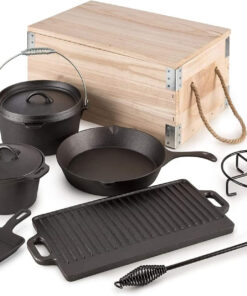 8 Piece Pre-Seasoned Dutch Oven Cooking Set Cast Iron Camping Kitchen Cookware Bakeware Skillets & Square Grill Pan W/Vintage Carrying Wood Box for Ourdoor Home BBQ Baking