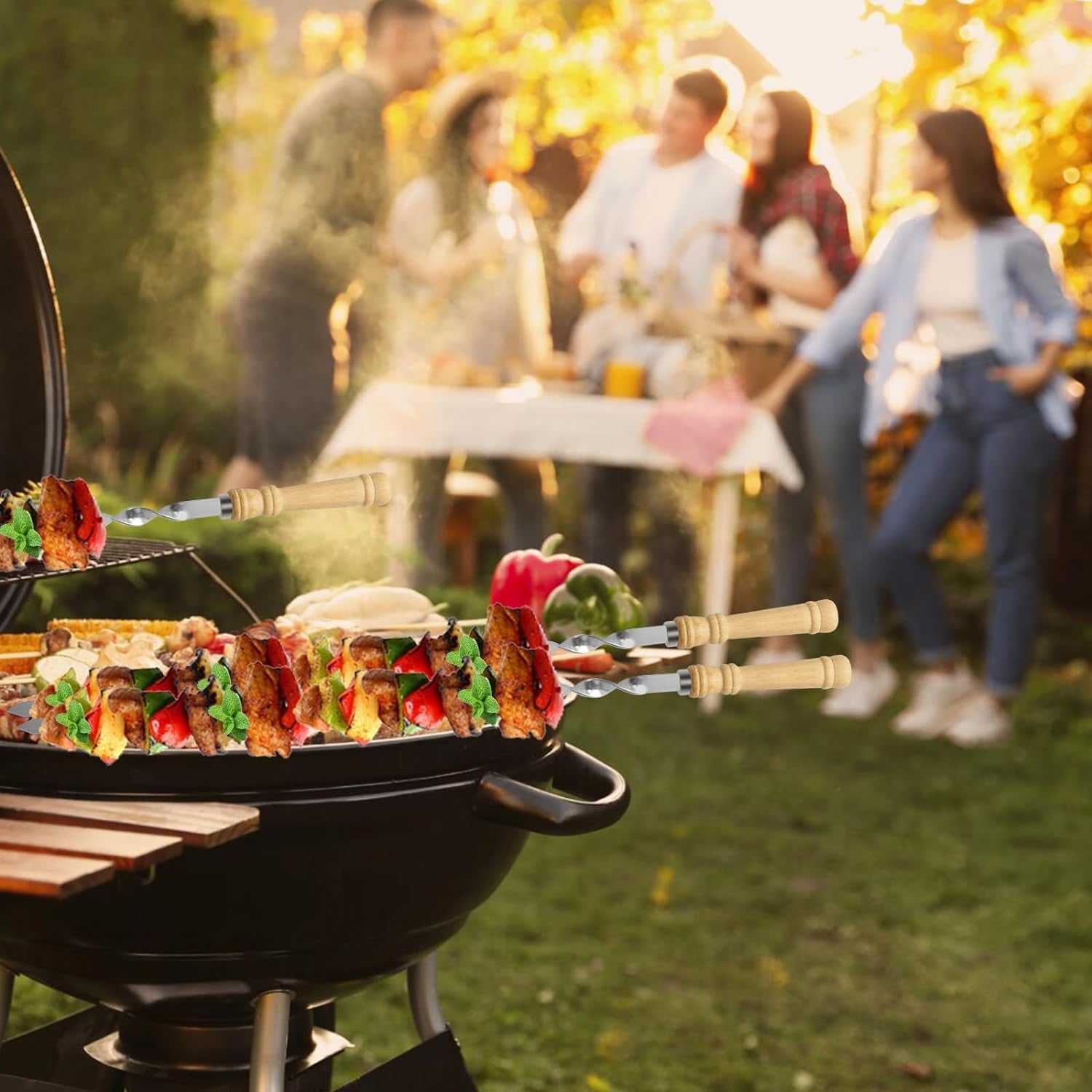 Kabob Skewers.23.6 Inch Flat Skewers for Grilling with Wooden Handle.Reusable Stainless Steel Metal BBQ Barbecue Skewer.Shish Kebab Stick Set for Meat Shrimp Chicken Vegetable-12Pcs. - Image 6