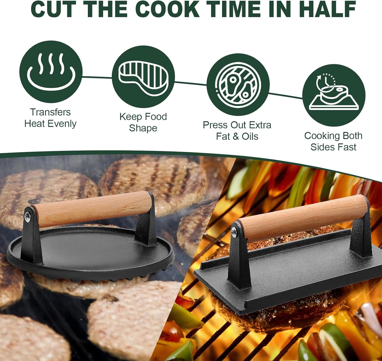 CEKEE 2PCS Burger Press. 7 round & 8.2X 4.3 Rectangle. Heavy-Duty Cast Iron Grill Press with Wood Handle. Smash Burger Press Perfects for Blackstone Griddle. Flat Tops. Grills & Camp Chef - Image 4