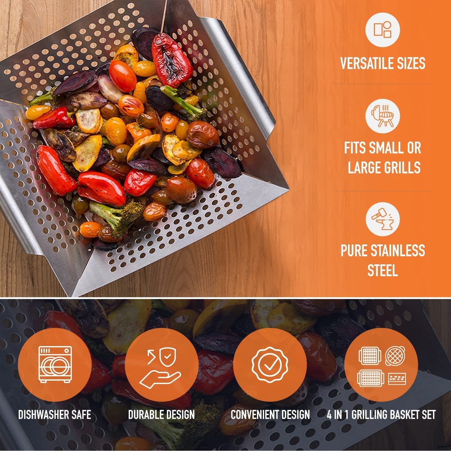 Grill Basket - ™ 3-Piece Mini Grilling Basket Set - Stainless Steel Perforated Grill Baskets for Grilling Veggies Seafood and Meats Includes Grill Pan - Square Basket and Circular Basket - Image 5