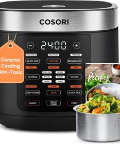 COSORI Rice Cooker 10 Cup. 24H Keep Warm. 18 Functions Fuzzy Logic Rice Maker with Stainless Steel Steamer Basket. Sauté. Slow Cooker. Black