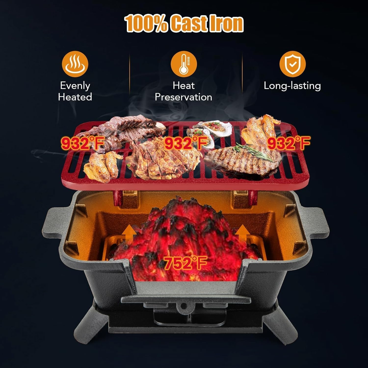 Giantex Portable Hibachi Grill. Double-Sided Cast Iron Grill with Air Regulating Door & Fire Gate. Grate Lifter. Ideal for Outdoor Picnic. Camping & Backyard Barbecue Cooking - Image 7