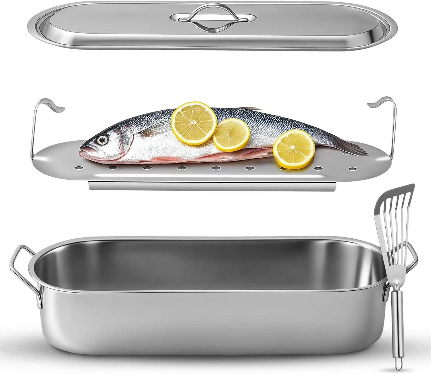 Maxdot Fish Poaching Set – 20 Stainless Steel Poacher Rack & Spatula for Cooking. Flipping & Grilling