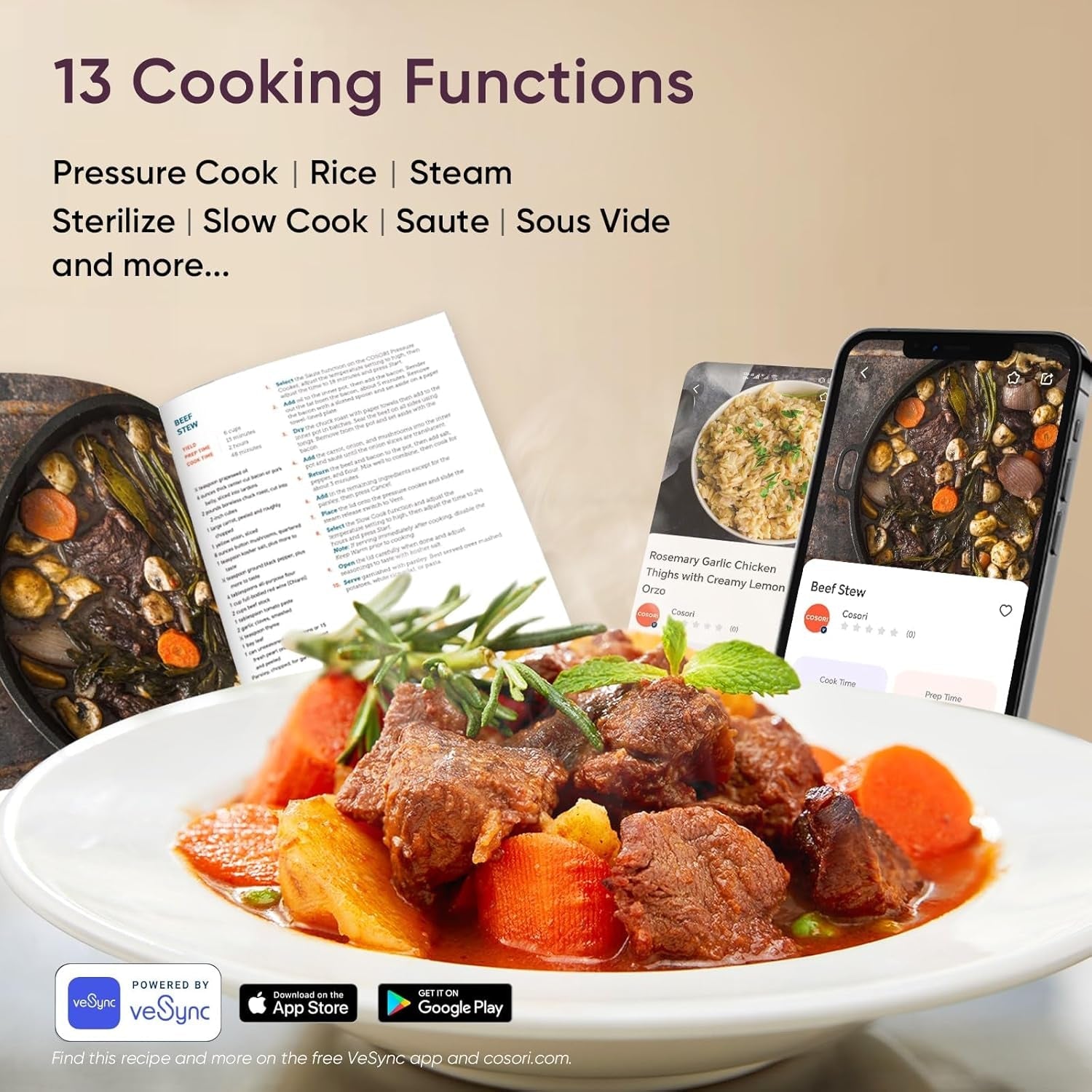 COSORI Pressure Cooker 6 Qt. 9-In-1 Instant Multi Kitchen Appliances. Safer Venting Design. Rice Cooker. Slow Cooking Pot. Sous Vide. Saute Pot. 1100W. Stainless Steel - Image 5