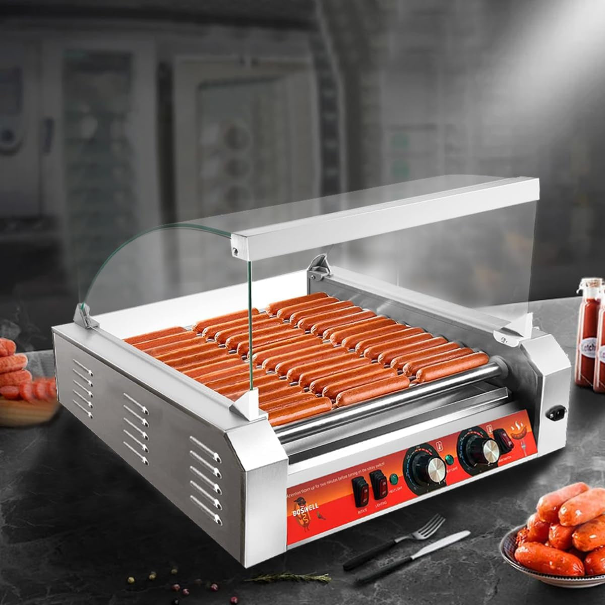 1670W Hot Dog Roller Machine/Sausage Grill with Dust Cover.Stainless Steel 11 Rollers 30 Hot Dog Roller Grill Cooker Machine with Dual Temp Control and LED Light/Detachable Drip Tray - Image 6