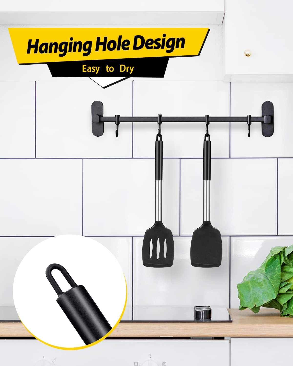 Pack of 2 Silicone Solid Turner.Non Stick Slotted Kitchen Spatulas.High Heat Resistant BPA Free Cooking Utensils.Ideal Cookware for Fish.Eggs.Pancakes (Black) - Image 4