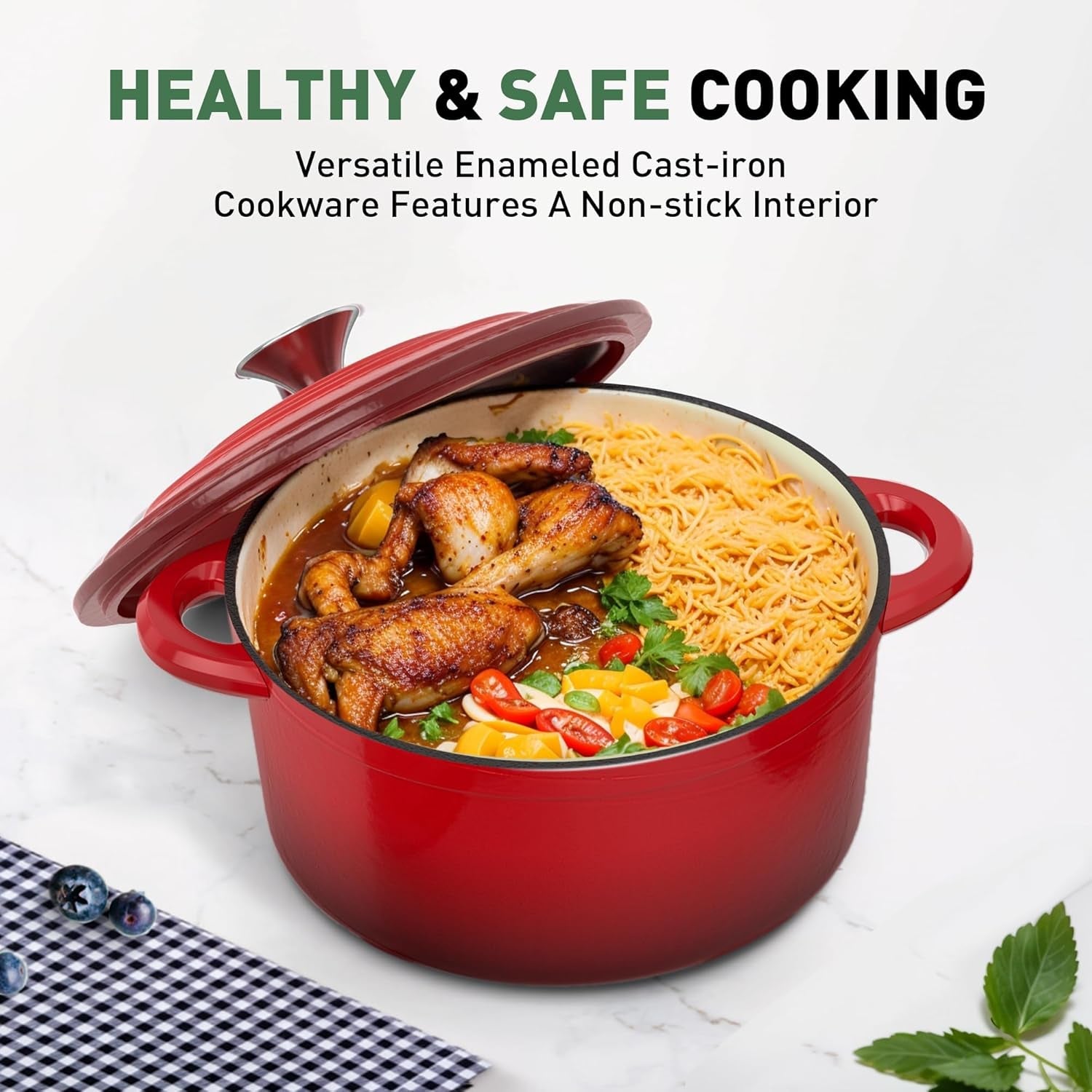 Kitchen Academy Enameled Cast Iron Cookware Set - 7 Piece Pots and Pans Set Nonstick - Skillet. Deep Frying Pan. Wok.Saucepan and Dutch Oven. Heavy Duty Oven Safe up to 500° F or on All Stovetop - Image 5