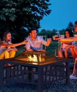 Tuoze 32-Inch Fire Pits Outdoor Patio Metal Multifunctional Firepit Table with Waterproof Cover for Camping Bonfire Party Picnic BBQ Backyard Garden outside Heating.Black