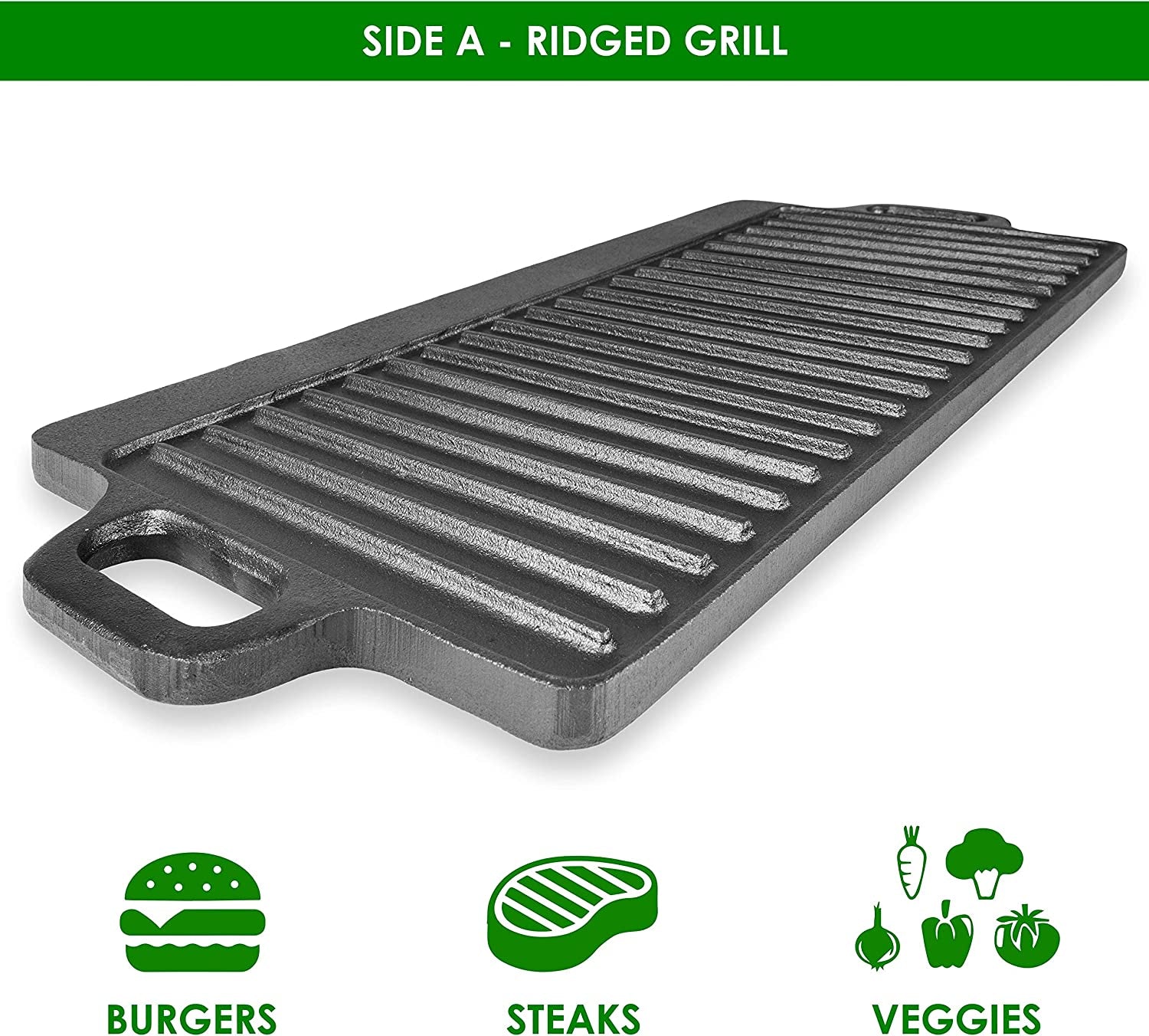 Prosource 2-In-1 Reversible 19.5 X 9 Cast Iron Griddle with Handles. Preseasoned & Non-Stick for Gas Stovetop. Oven and Open Fire. - Image 3