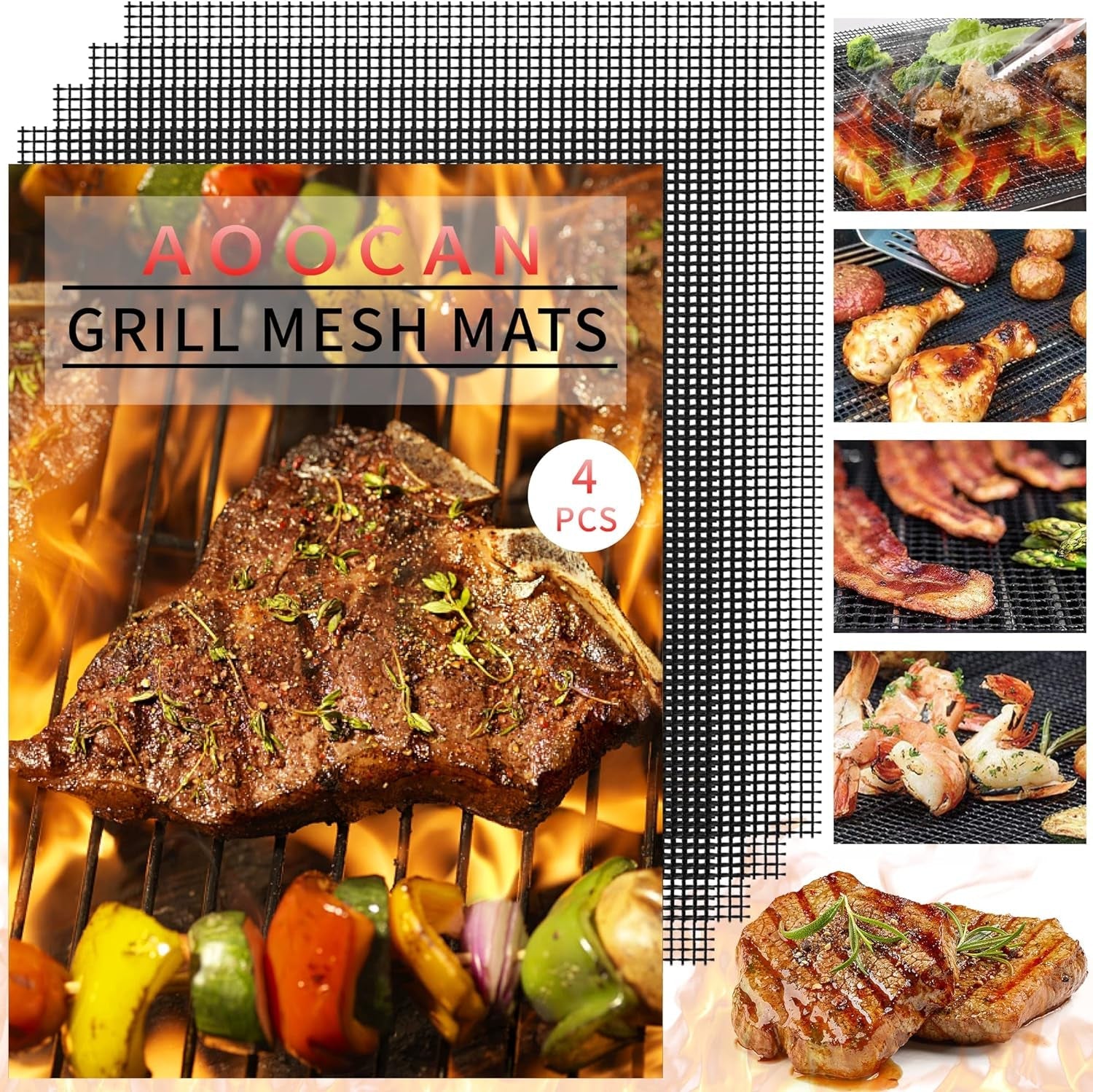 Aoocan Mesh Grill Mat Set of 4 Heavy Duty Non-Stick Mesh Grilling Mats & Barbecue Accessories - Reusable and Easy to Clean - Works on Gas. Charcoal or Electric Grill and More 15.4 X 12 Inch