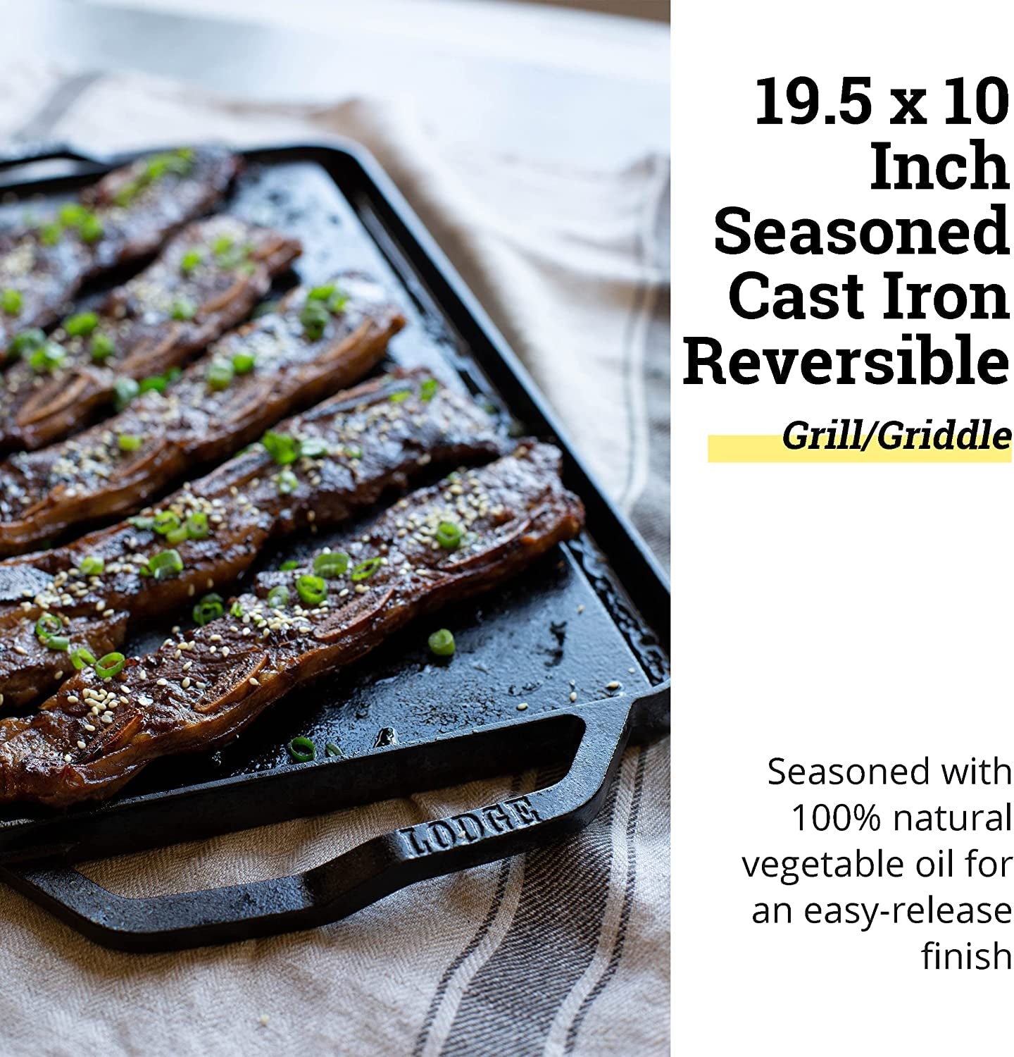 Chef Collection Cast Iron Reversible Grill/Griddle - Cast Iron Flat Griddle & Grill for Stovetop. Oven. Grill. or Open Fire - Double Burner Cast Iron Skillet with Handles - Image 2