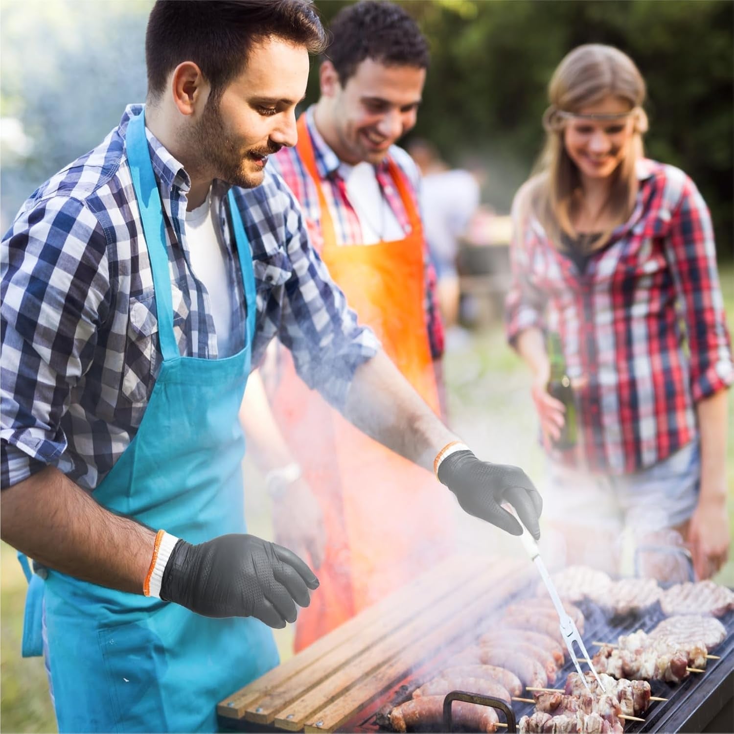 BBQ Gloves for Grilling Disposable Heat Resistant - 100 Nitrile Gloves + 4 Reusable Cotton Liners for Barbecue Smoker. Cooking Hot Meat - 10Mil Thick. Non-Slip Grip - Black Large - Image 3