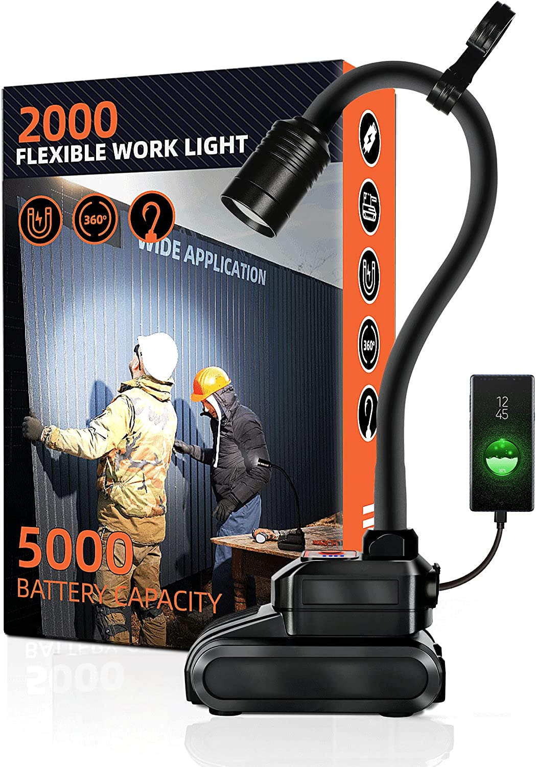 LED Work Light. 2000 Lumen Flexible Gooseneck Flashlight with Magnetic Base. Adjustable Grill Light. Job Site Light for Work Bench. Auto-Repairing. Reading. Emergency and Bbq(Rechargeable)