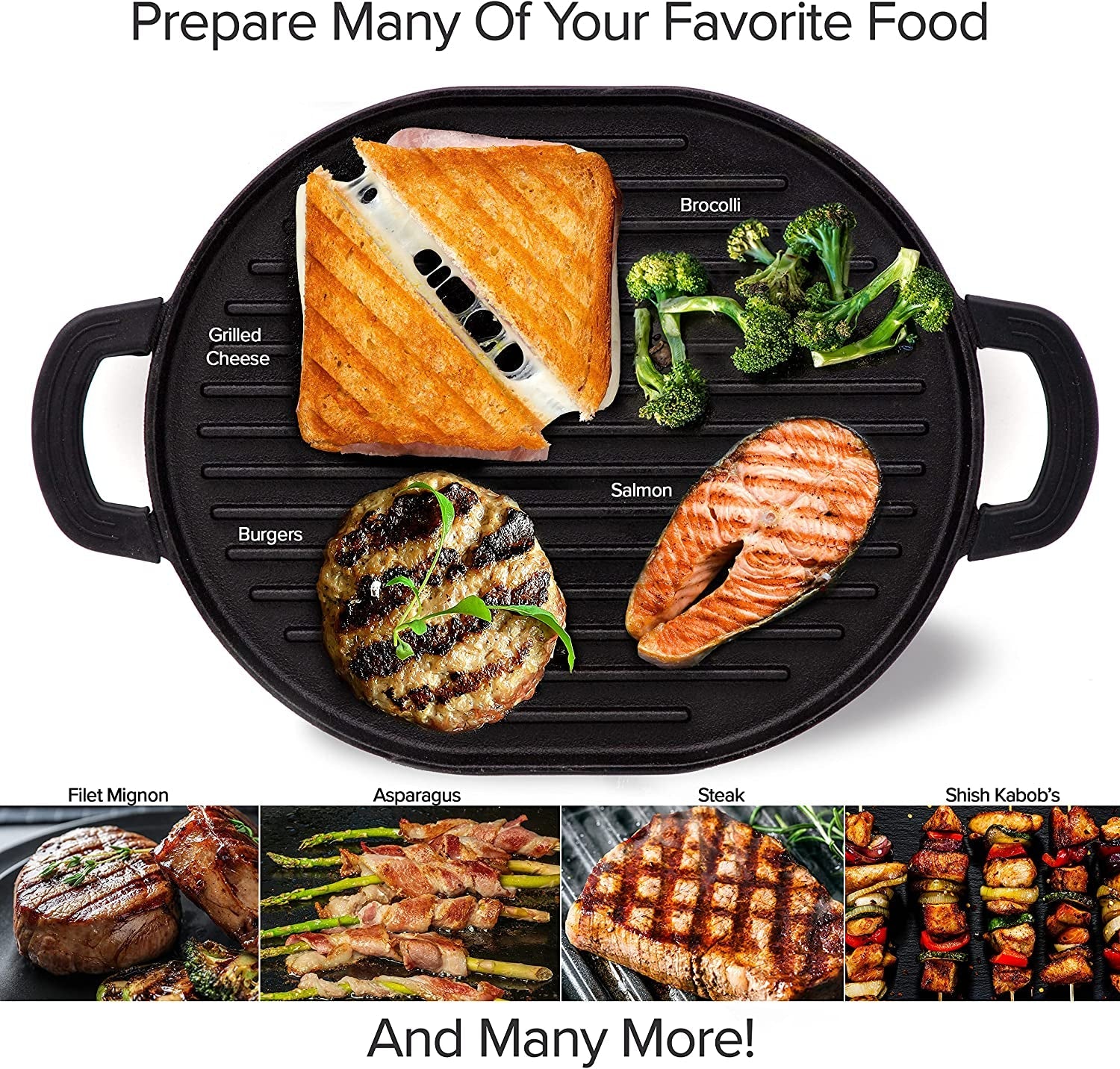 Cast Iron Grill. 12.42X10.21 Non-Stick Grilling Surface. Deep Grill Ridges. Pre-Seasoned. Stay-Cool Silicone Handles. Easy-To-Clean. Oven Safe. Stovetop. BBQ. Fire & Smoker. Induction-Ready - Image 2