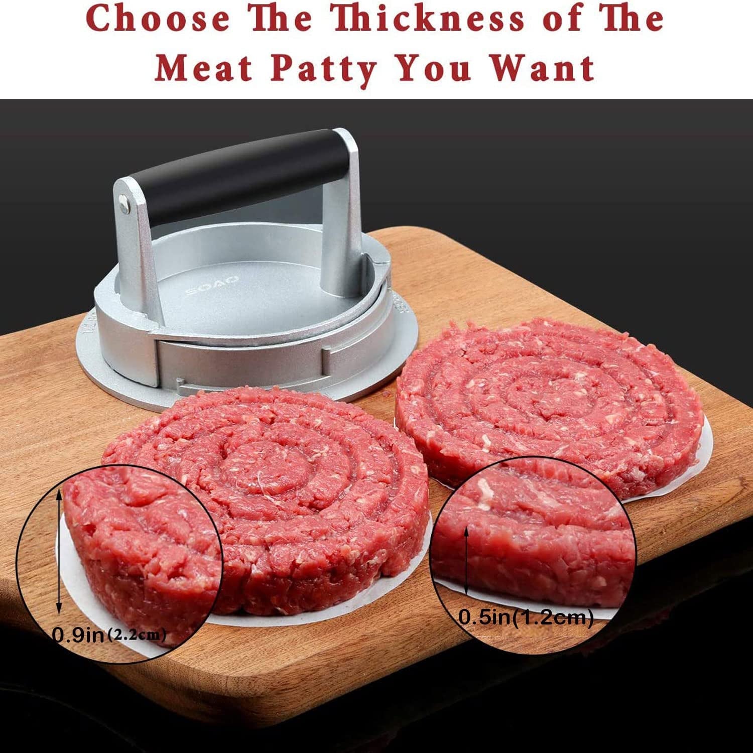 OVOS Burger Press Adjustable Thickness 3 in 1 Hamburger Patty Maker Aluminum Non Stick Patty Making Mold with 100 Wax Papers for Burgers and Meat Patties - Image 5