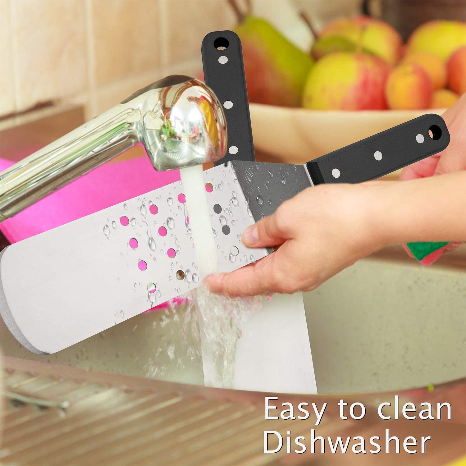 Hasteel Metal Griddle Spatula. Stainless Steel Long Spatula with Riveted Handle. Heavy Duty Perforated & Solid Spatula Burger Turner for Teppanyaki BBQ Flat Top Grilling Cooking. Dishwasher Safe - Image 7