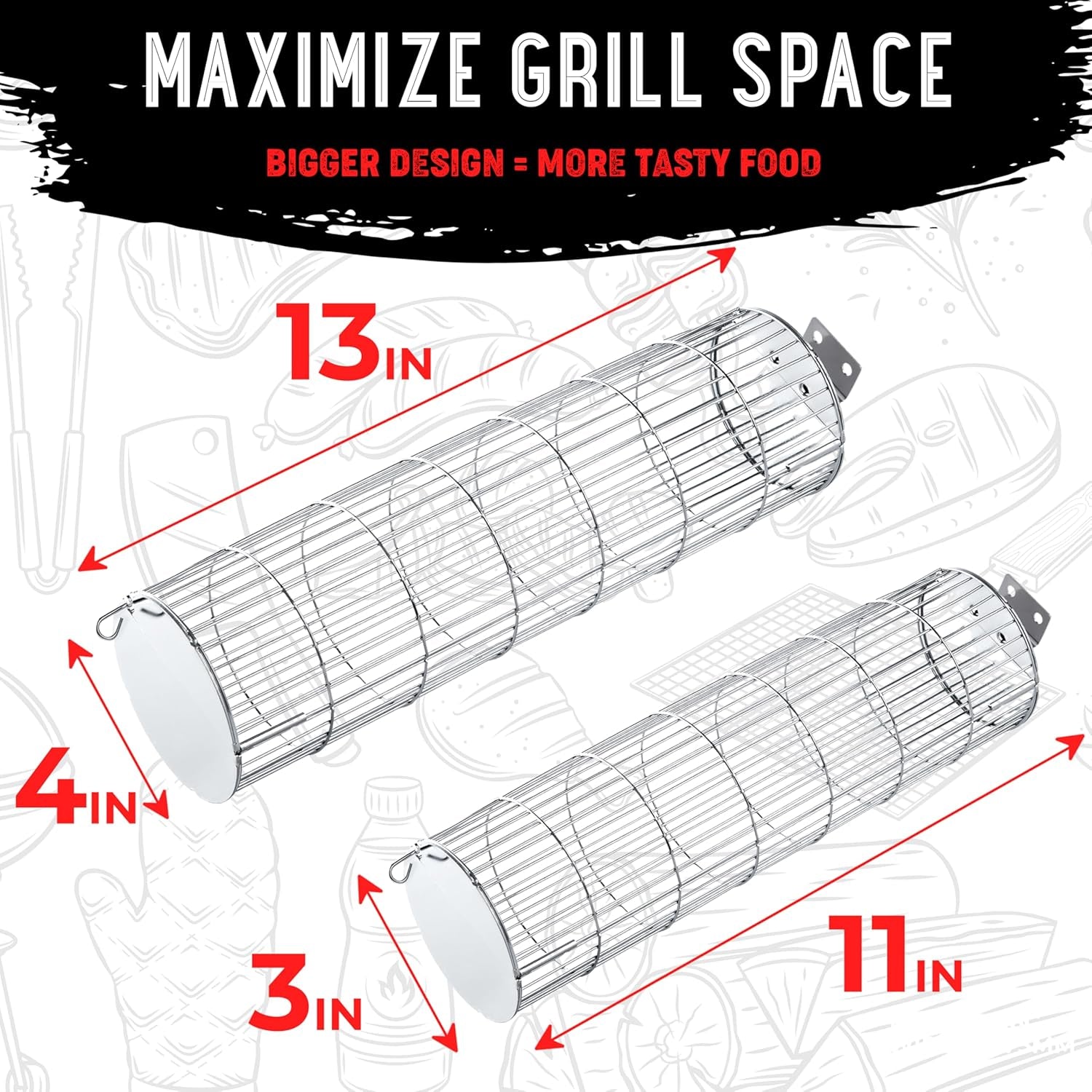 Rolling Grill Basket. New Opening Design. Extra Sturdy Cylinder Grilling Basket. Food Grade Stainless Steel. Large Portable Outdoor Camping Accessories BBQ Net Rack. Cooking Griller for Fish. Vegetables. and More - Gifts for Men Dad Husband - Set of 2 - Image 5