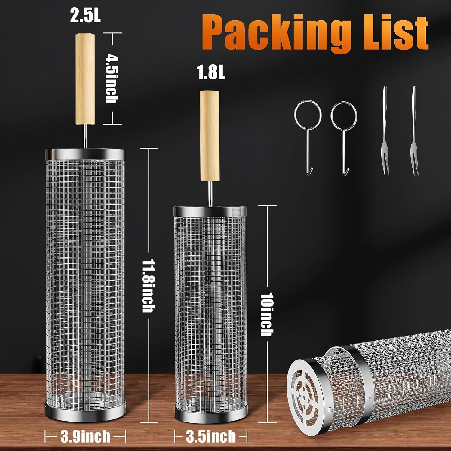 Rolling Grilling Baskets for Outdoor Grill. 2 Pcs BBQ Grill Basket. Stainless Steel Barbeque Grill Accessories Set. Camping Picnic Cooking Tools for Vegetable/Shrimp/Chicken. Gifts for Men Dad Husband - Image 4