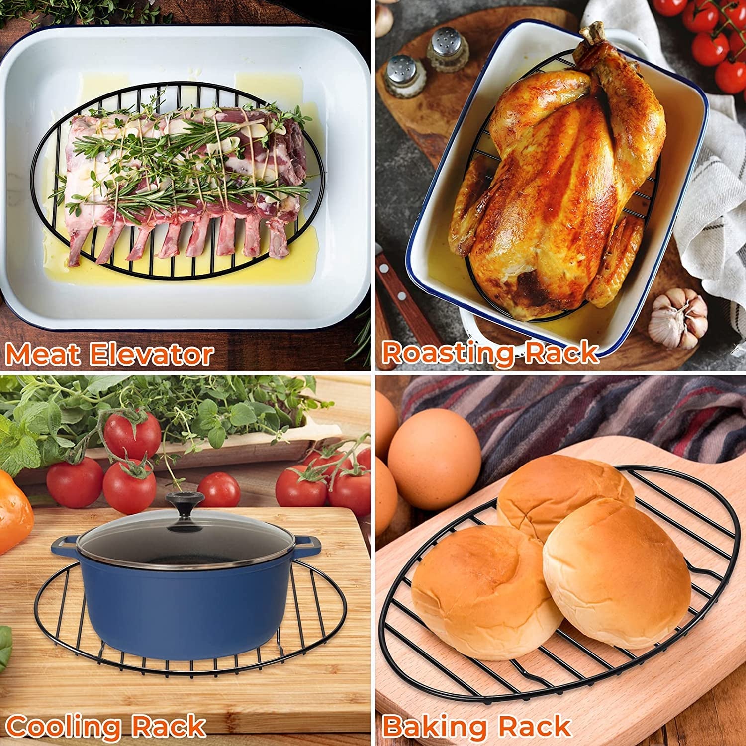 Oval Roasting Rack with Integrated Feet. Non-Stick Coating. Baking Rack Easy to Clean for Cooking. Roasting. Drying. Grilling 12×8.5 Inches Black - Image 4