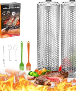 Grill Basket for Outdoor Camping.Bbq Grill Basket. Rolling Grilling Basket. Stainless Steel Grill Mesh Barbeque Grill Accessories. Portable Grill Baskets for Fish. Meat. Gifts for Men Dad Husband
