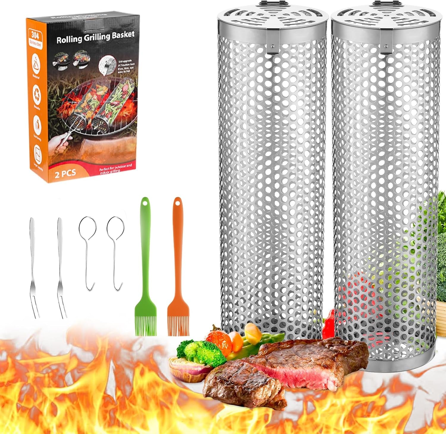 Grill Basket for Outdoor Camping.Bbq Grill Basket. Rolling Grilling Basket. Stainless Steel Grill Mesh Barbeque Grill Accessories. Portable Grill Baskets for Fish. Meat. Gifts for Men Dad Husband