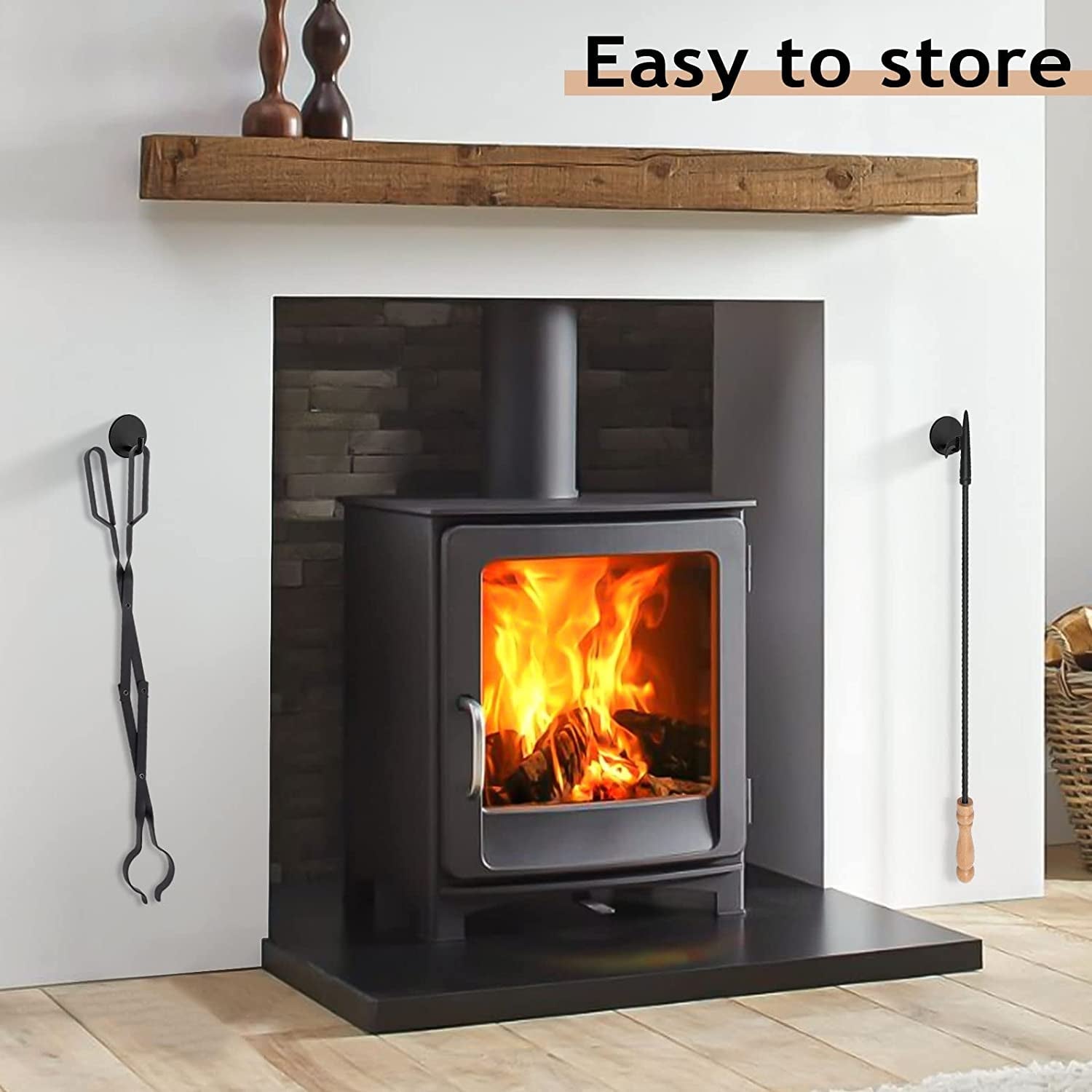 26 Fireplace Fire Pit Tongs & 32 Fire Pit Poker. Fireplace Wood Stove Firewood Tongs. Black Heavy Duty Wrought Iron Log Grabber Fire Pit Tools for Campfire. Fireplace. Bonfires. Indoor&Outdoor Use - Image 2