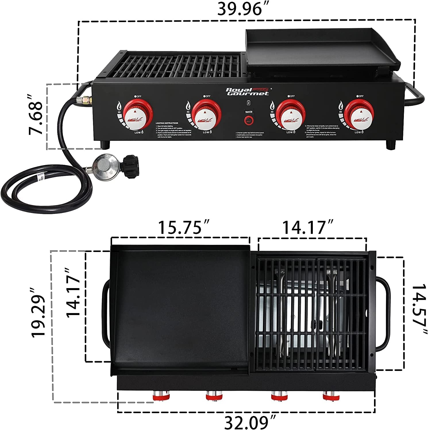 GD4002T Tailgater Tabletop Gas Grill Griddle. 4-Burner Portable Propane Grill Griddle Combo. for Backyard or Outdoor BBQ Cooking. 40.000 BTU. Black - Image 6