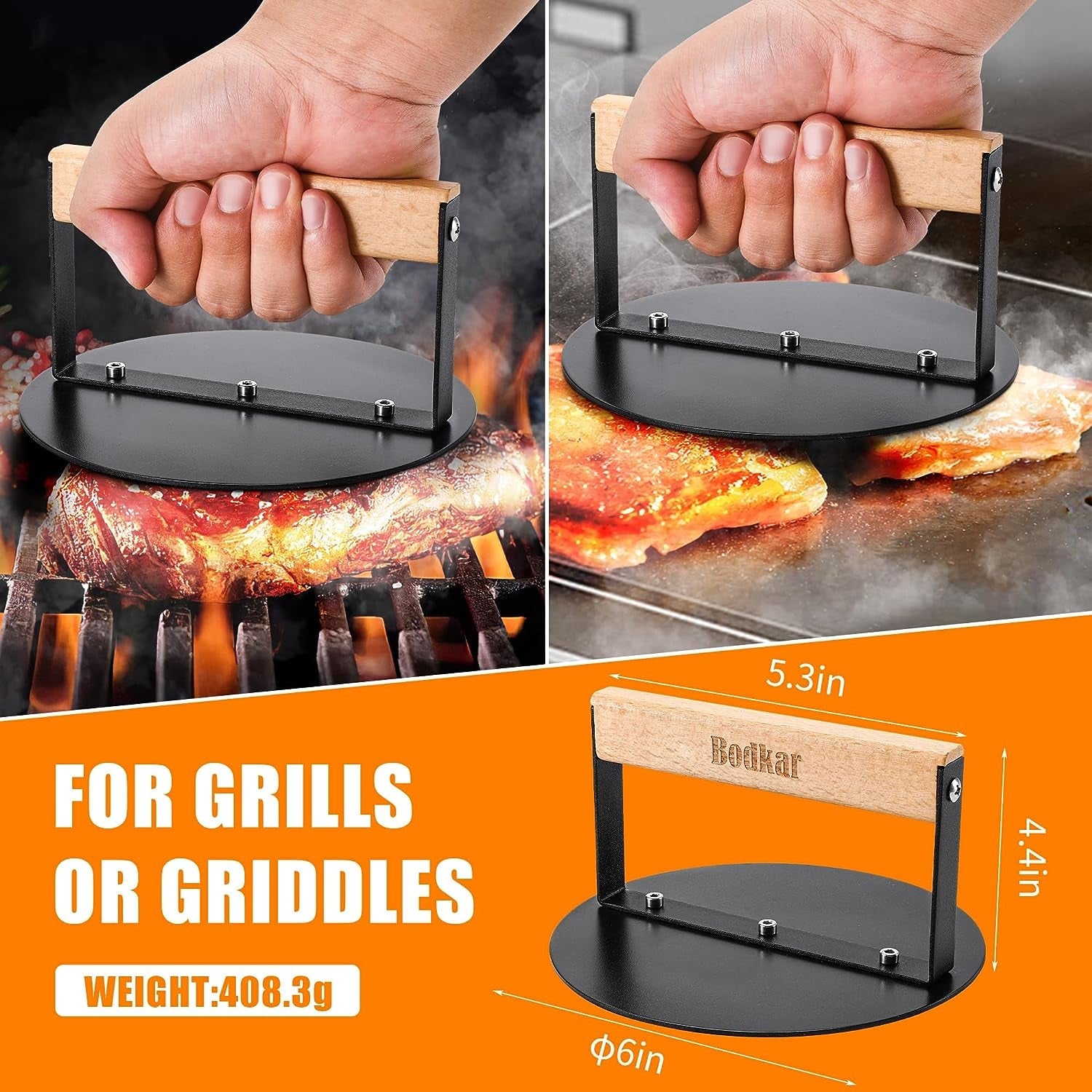 Bodkar Smash Burger Press 6 Inch. round Burger Smasher Grill Press for Griddle Bacon Press Meat Steak Press with Wood Handle - Image 6