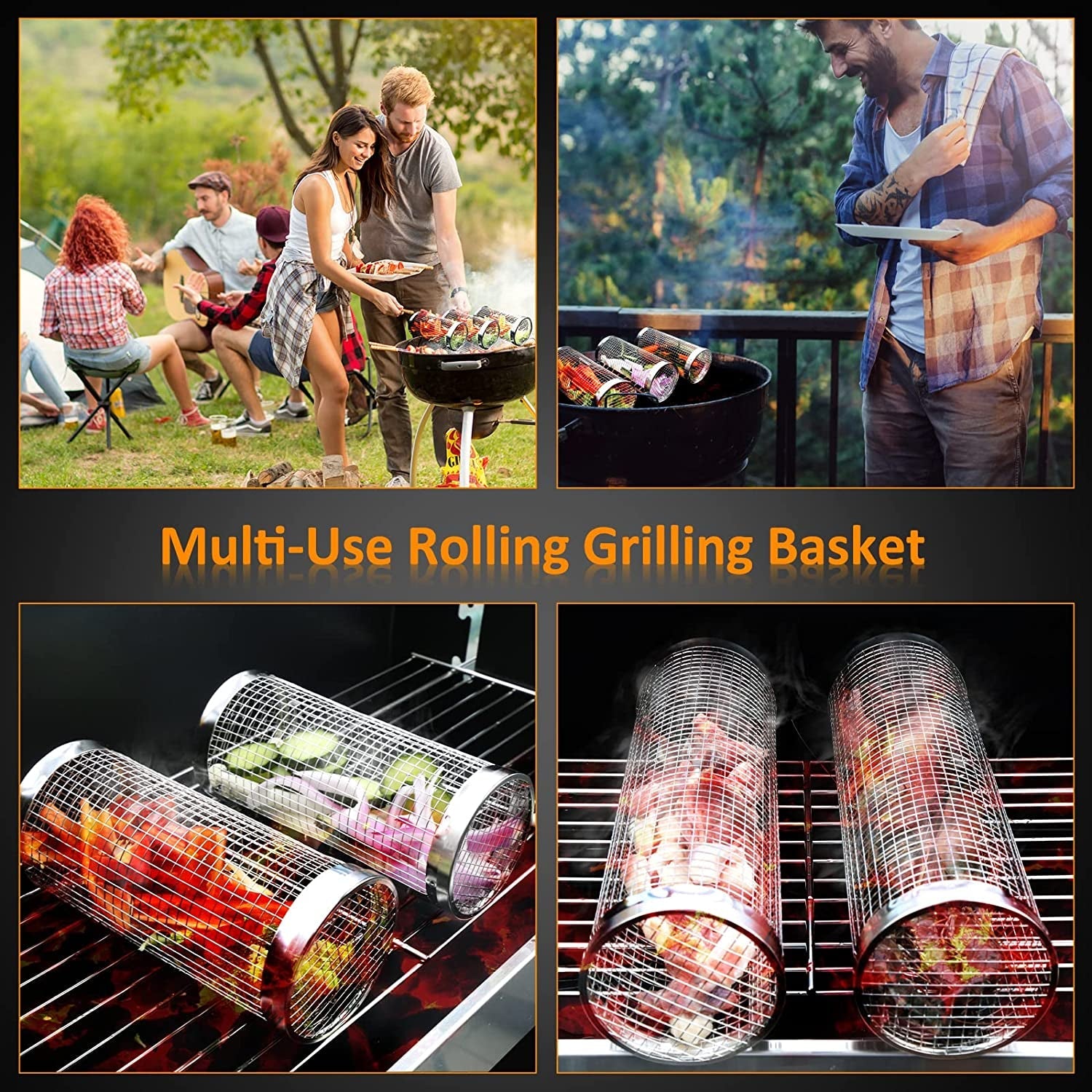 Grill Basket 2 PCS. BBQ Grill Basket. Rolling Grilling Basket. Stainless Steel Grill Mesh Barbeque Grill Accessories. Portable Grill Baskets for Outdoor Grill for Fish. Shrimp. Meat. Vegetables. Fries - Image 7